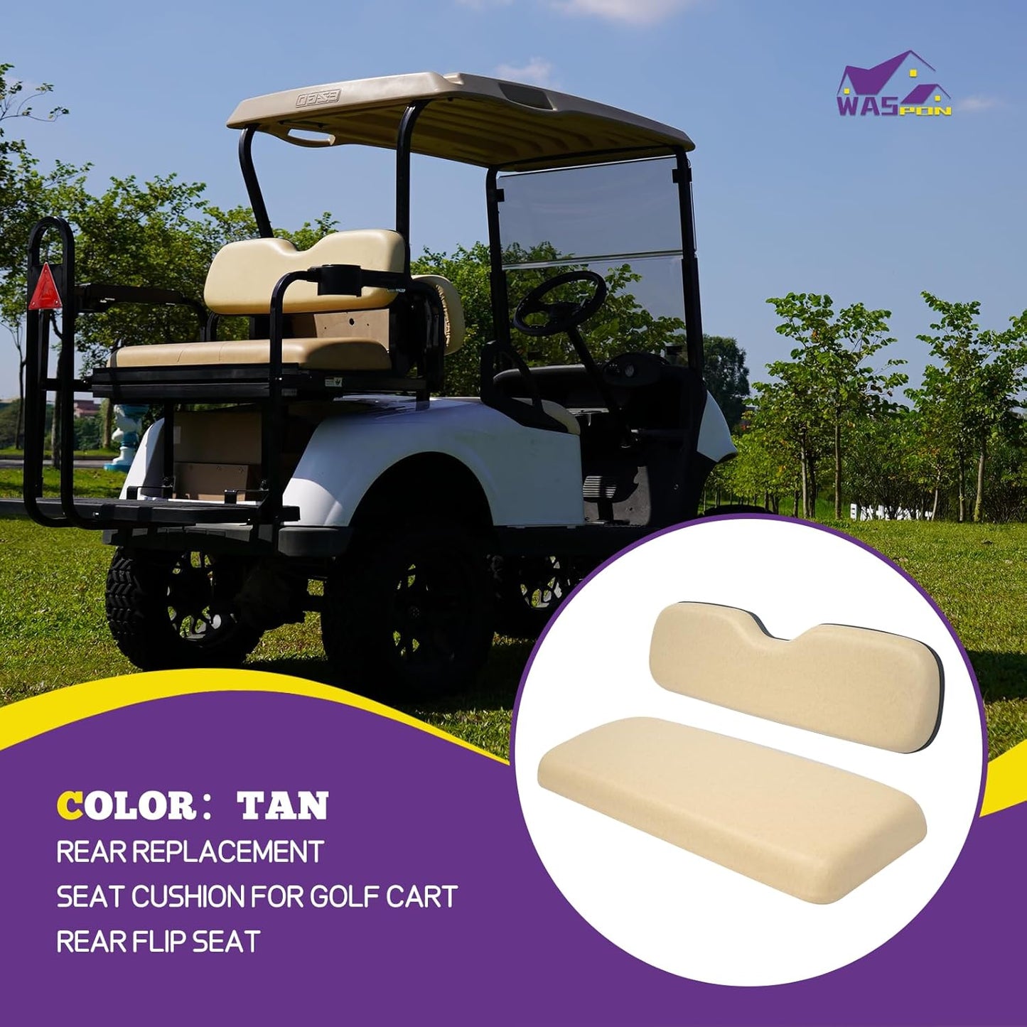 Universal Golf Cart Rear Seat for EZGO/Club Car/Yamaha Replacement Kit, Bottom Cushion and Back Cushion Set, Tan