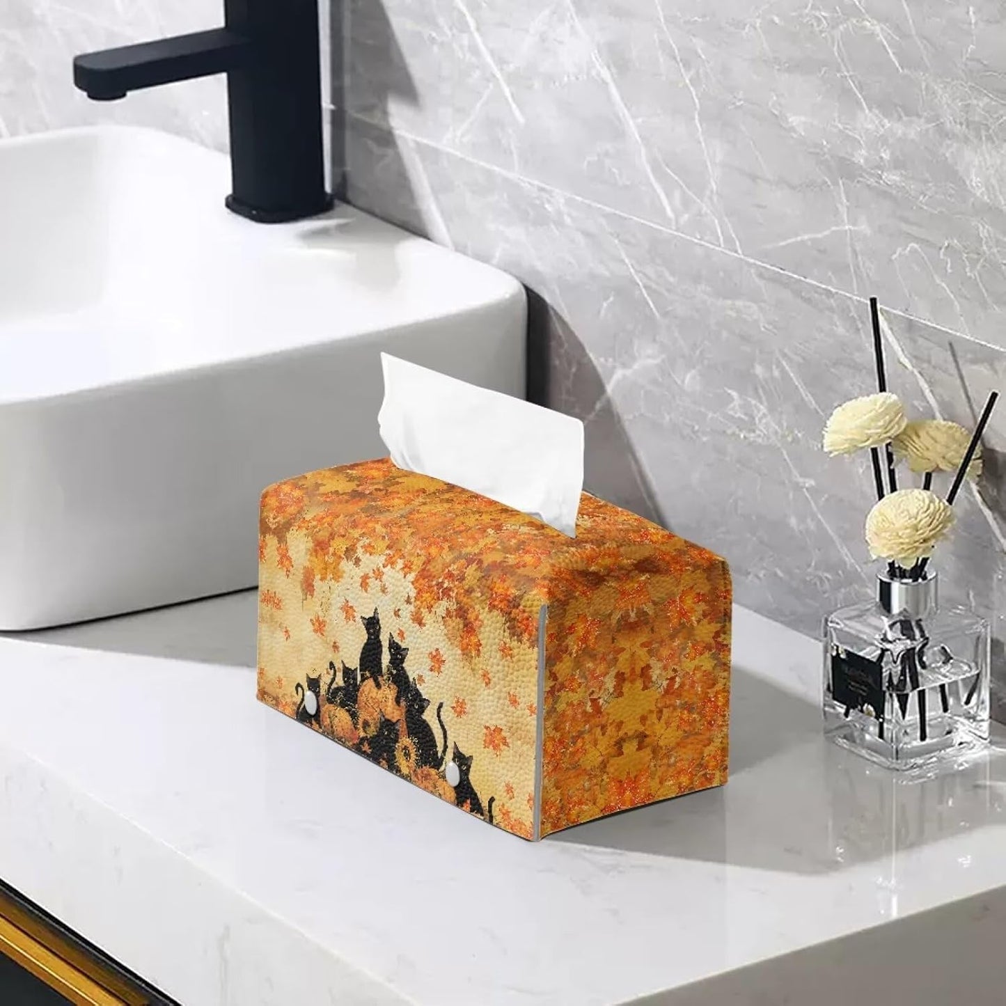 Fall Tissue Box Cover Rectangular Black Cat Maple Leaf Pumpkin Print 9.7"x5.2"x5.12" PU Leather Tissue Cover Decorative Organizer with Bottom Belt Easy to Install Car Decoration