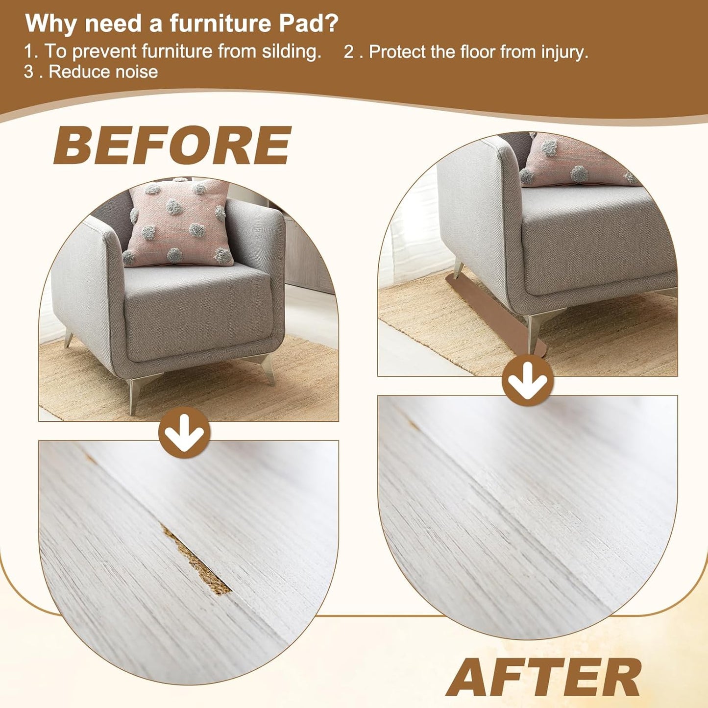 PATIKIL Rectangle Corner Anti-Slip Furniture Rail Pads 27x4x3, 8 Pcs Non-Skid Rubber Furniture Pads for Hardwood Floors Protector Grippers Pads Recliners Sofa Couches, Brown
