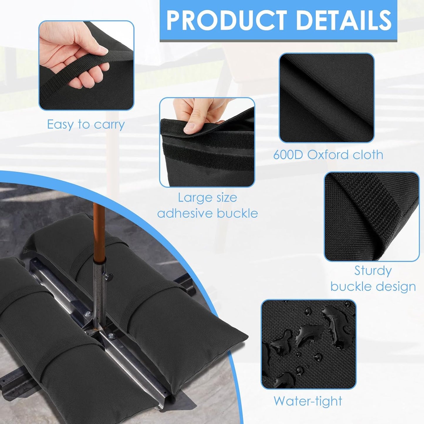 6 Pack Umbrella Base Weights Sand Bags, Fillable SandBags for Umbrella Base Heavy Duty up 49LBS,Outdoor Patio Furniture Weights Waterpoof for Cantilever Patio Umbrella, Trampoline(6)