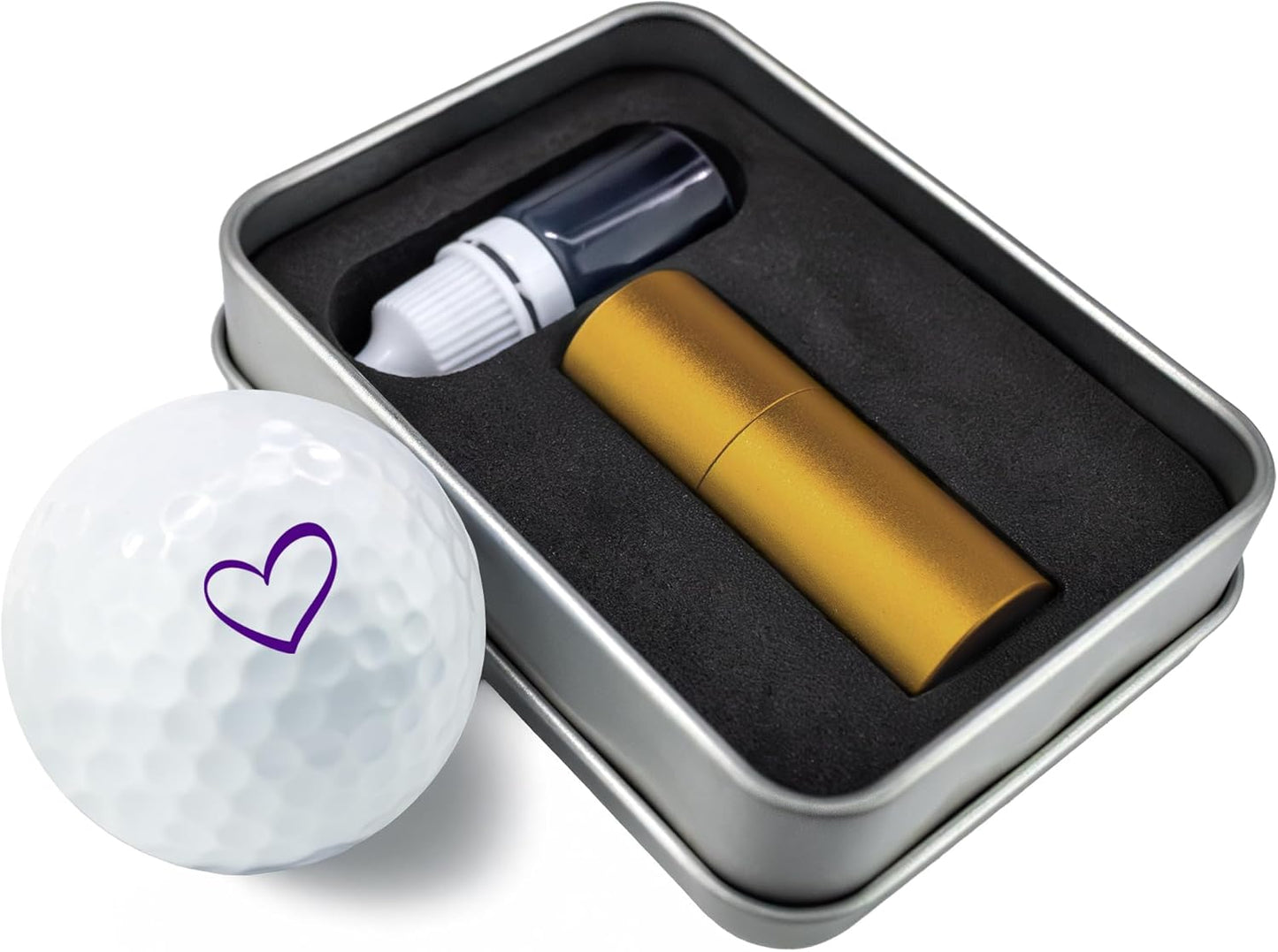 Golf Ball Marker Stamp with TiteSeal™ Technology - Heart - Metallic Box with Golf Ball Stamp + Refill Ink Bottle - Purple