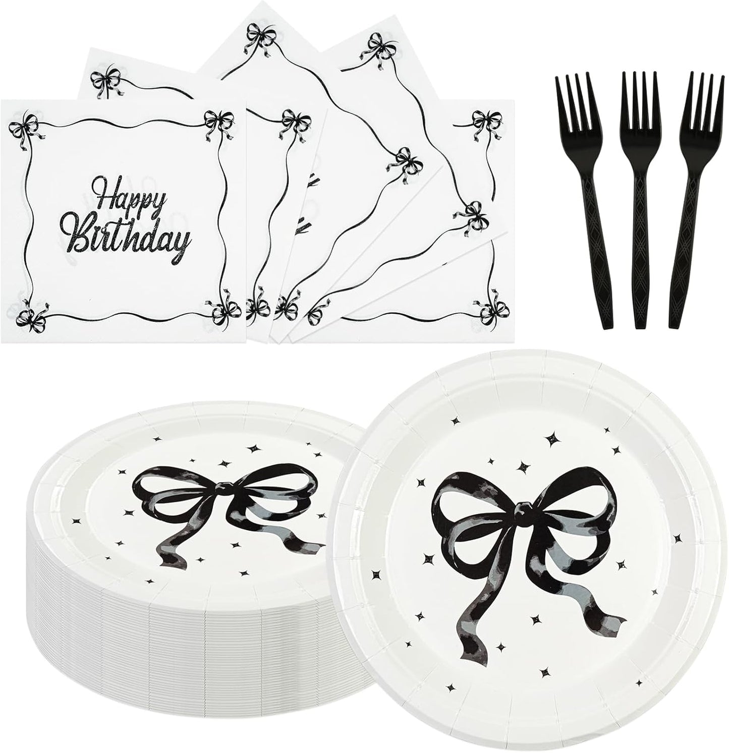 75PCS Black Bow Birthday Paper Plates and Napkins - Conquette Themed Tableware Set Include 7inch Paper Plates Napkins Forks Disposable Decoration Supplies for Birthday Party, Serve 25