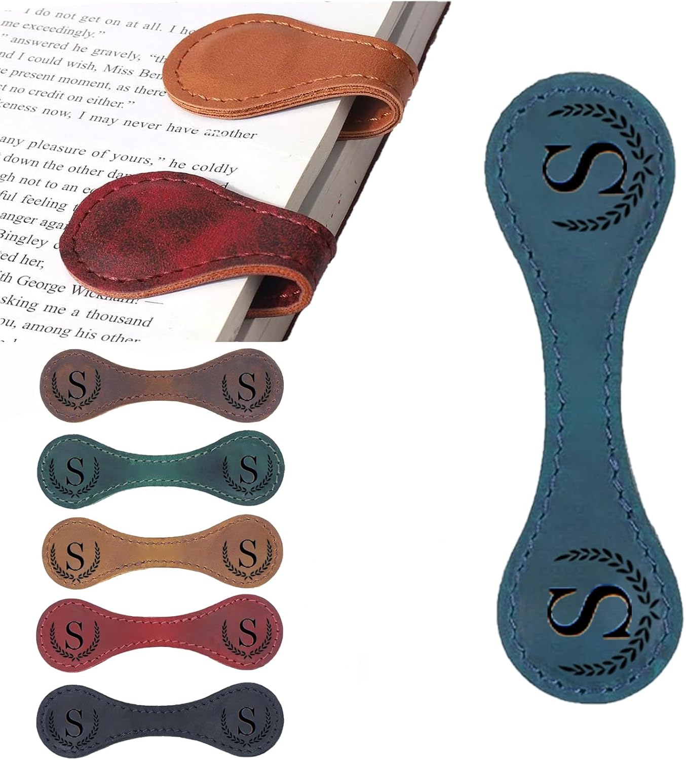 Personalized Magnetic Leather Bookmark, 26 Letters Custom Leather Bookmarks, Handmade, Leather Magnetic Bookmark for Book Lovers Readers Women Kid(Blue，S）