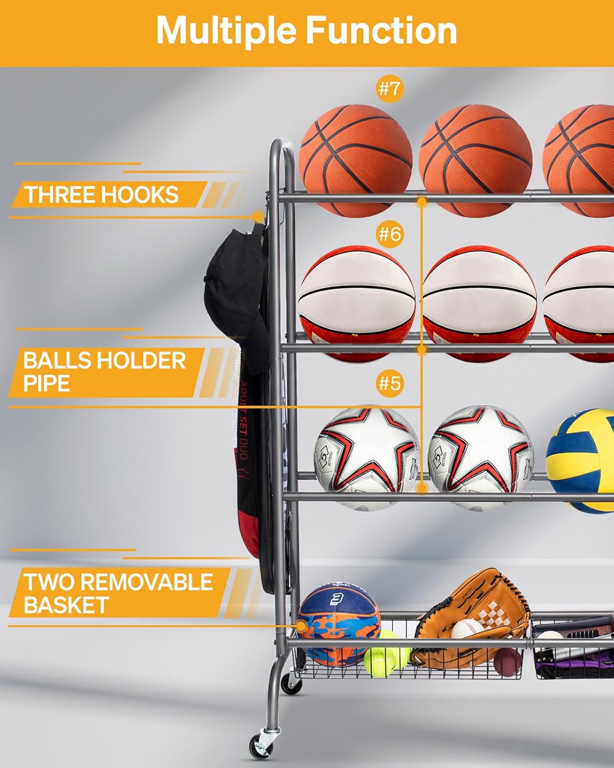 Basketball Rack, Rolling Basketball Shooting Training Stand,Sports Equipment Storage with Wheels, Four-Layer Organizer Holder with Two Basket for Basketballs Footballs Volleyball