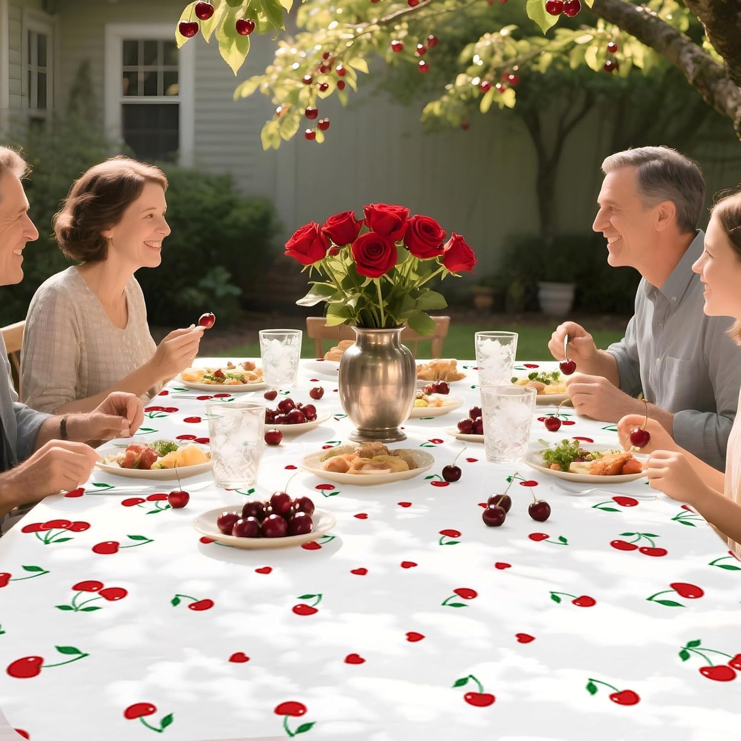 Grencian 3Pcs Cherry Tablecloth Cherry Table Cover Plastic Rectangle Fruit Theme Table Cloth for Cherries Birthday Wedding Bridal Baby Shower Party Decorations, 54 X 108 Inch
