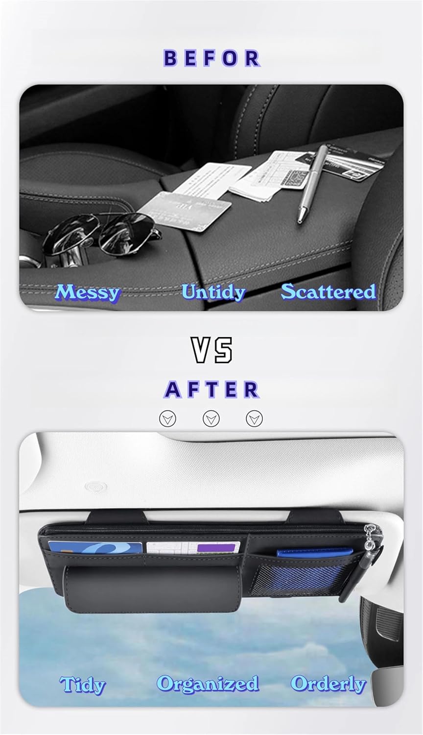 Car Visor Organizer, Multi-Pocket Sunvisor Storage with Sunglass Holder, Document Holder and Visor Card Clip, Fit for AUTO SUV & Truck, Leather Car Accessories Interior (Pink)