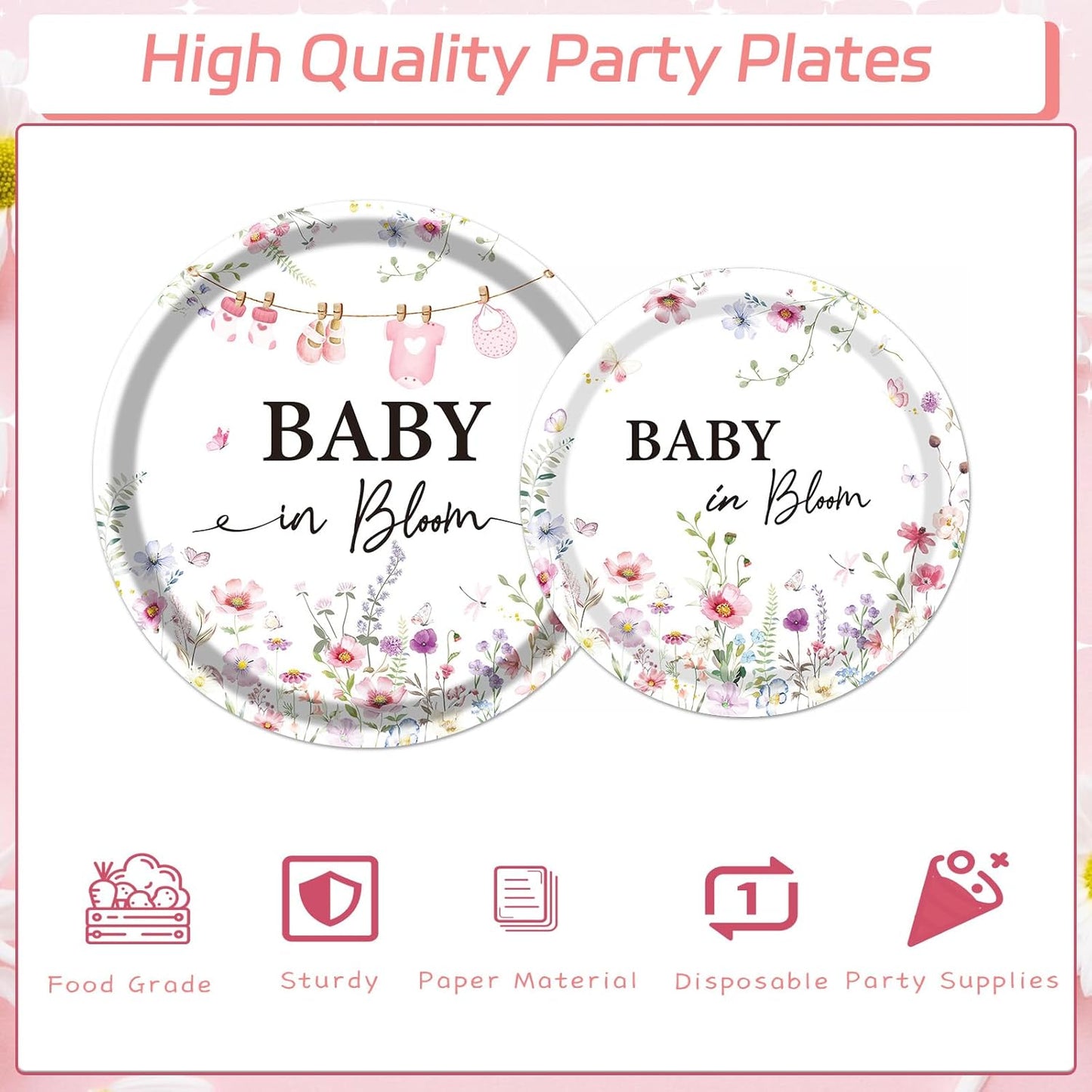 Rakuto Baby in Bloom Baby Shower Decorations Tableware Supplies, Wildflower Baby Shower Party Plates and Napkins Set, Disposable Paper Flower Dinnerware for Girls Serves 24