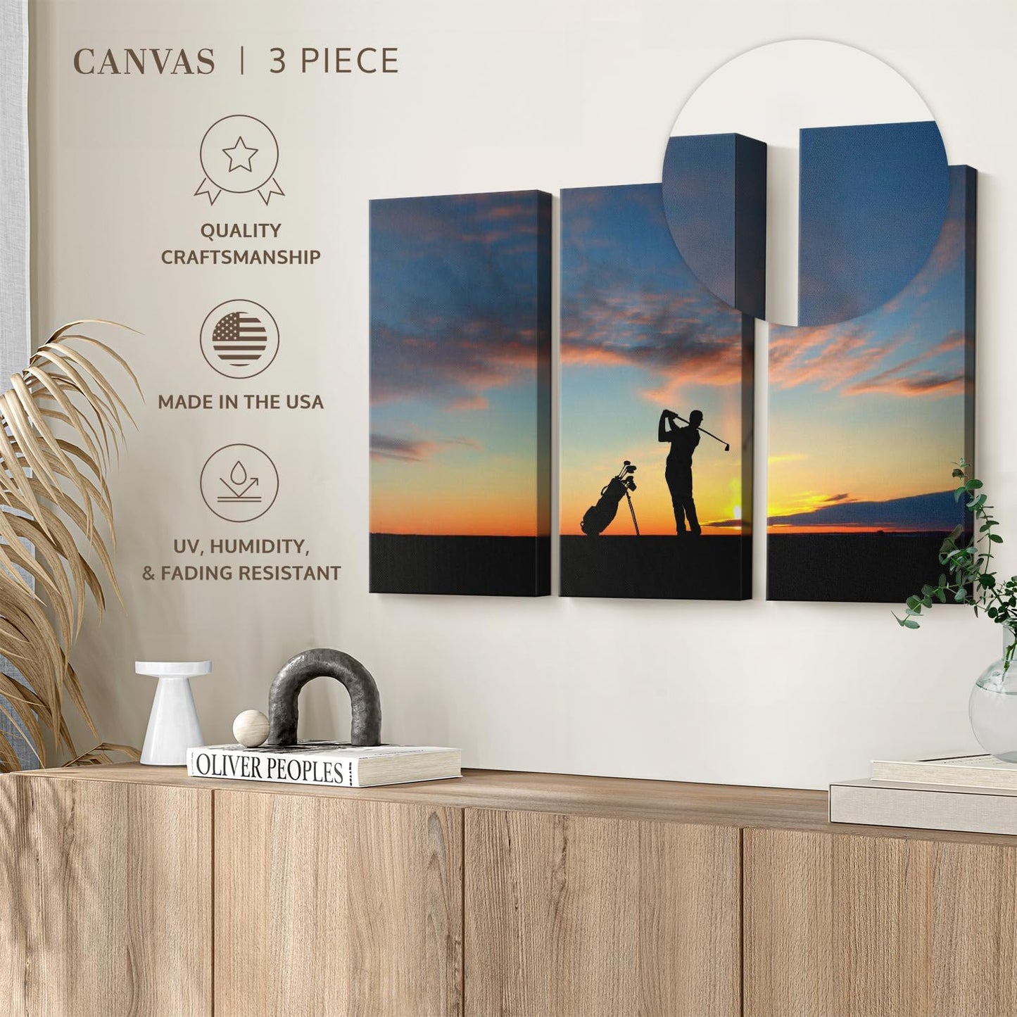 ElephantStock Golfing At Sunset Wall Art - Horizontal Canvas - 3-Piece Living Room Wall Decor - Golf Photography Canvas Print - Black and Orange Decor for Wall - 50" X 32"