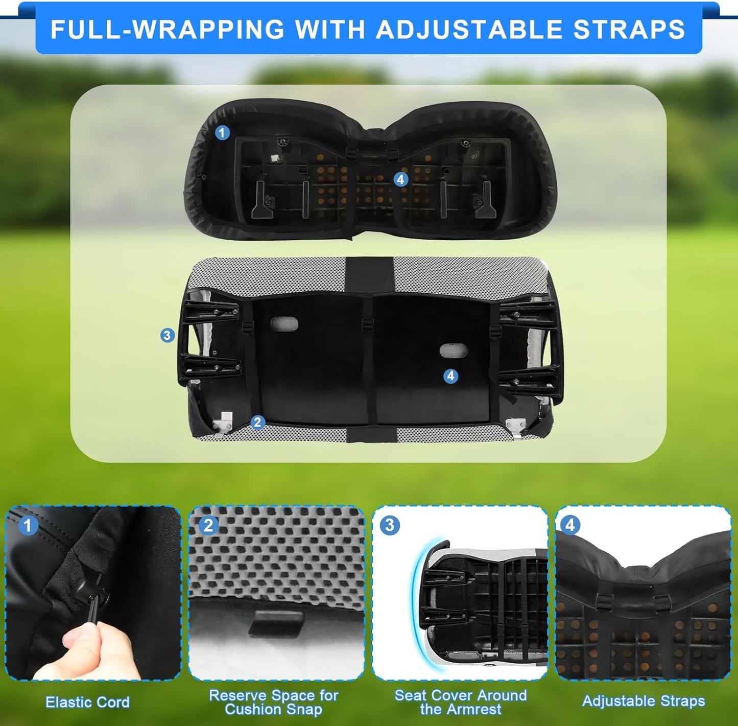 Golf Cart Seat Covers For Club Car Precedent Seat Cover OEM Front, Breathable Fabric and Leather Front Seat Cover Like Gloves, Full Wrap-Around Design of Club Car Precedent Golf Cart Front Seat Cover