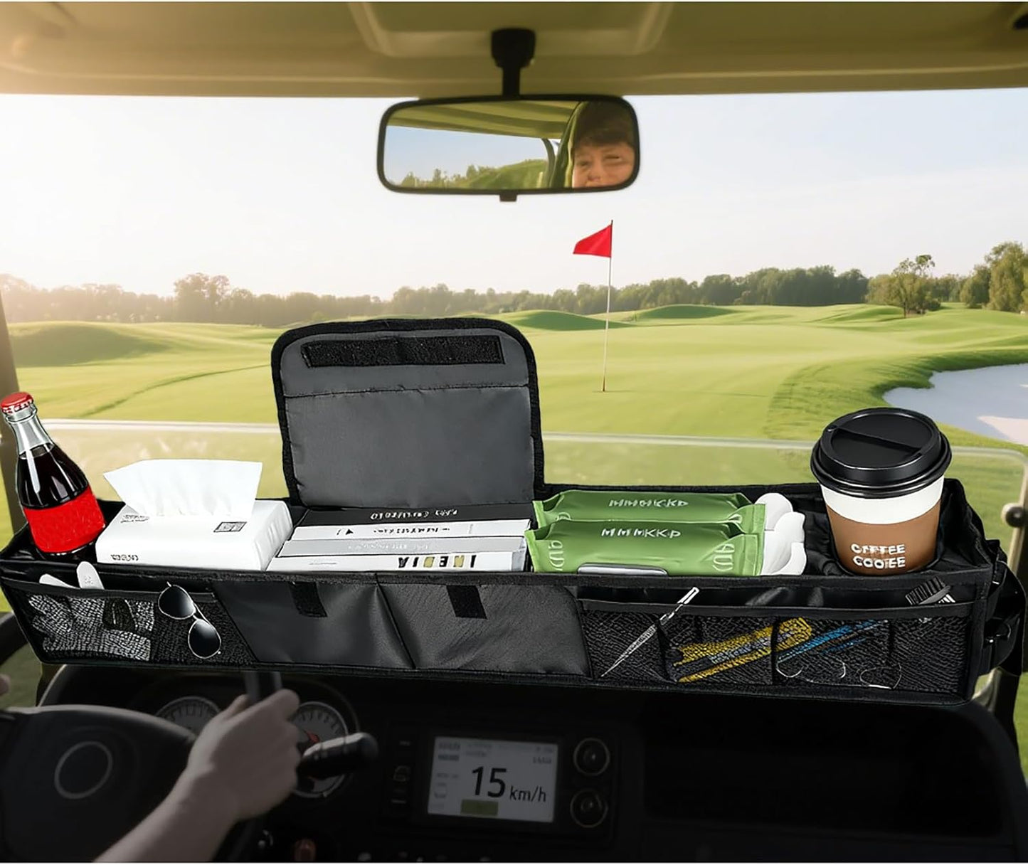 Golf Cart Storage Organizer,Golf cart Dash Storage， No-Drilling Dash Tray Organizer Compatible with EZGO, Club Car, Kandi Electirc Golf Cart, Golf Cart Front Storage Basket with Insulated Cup Holders