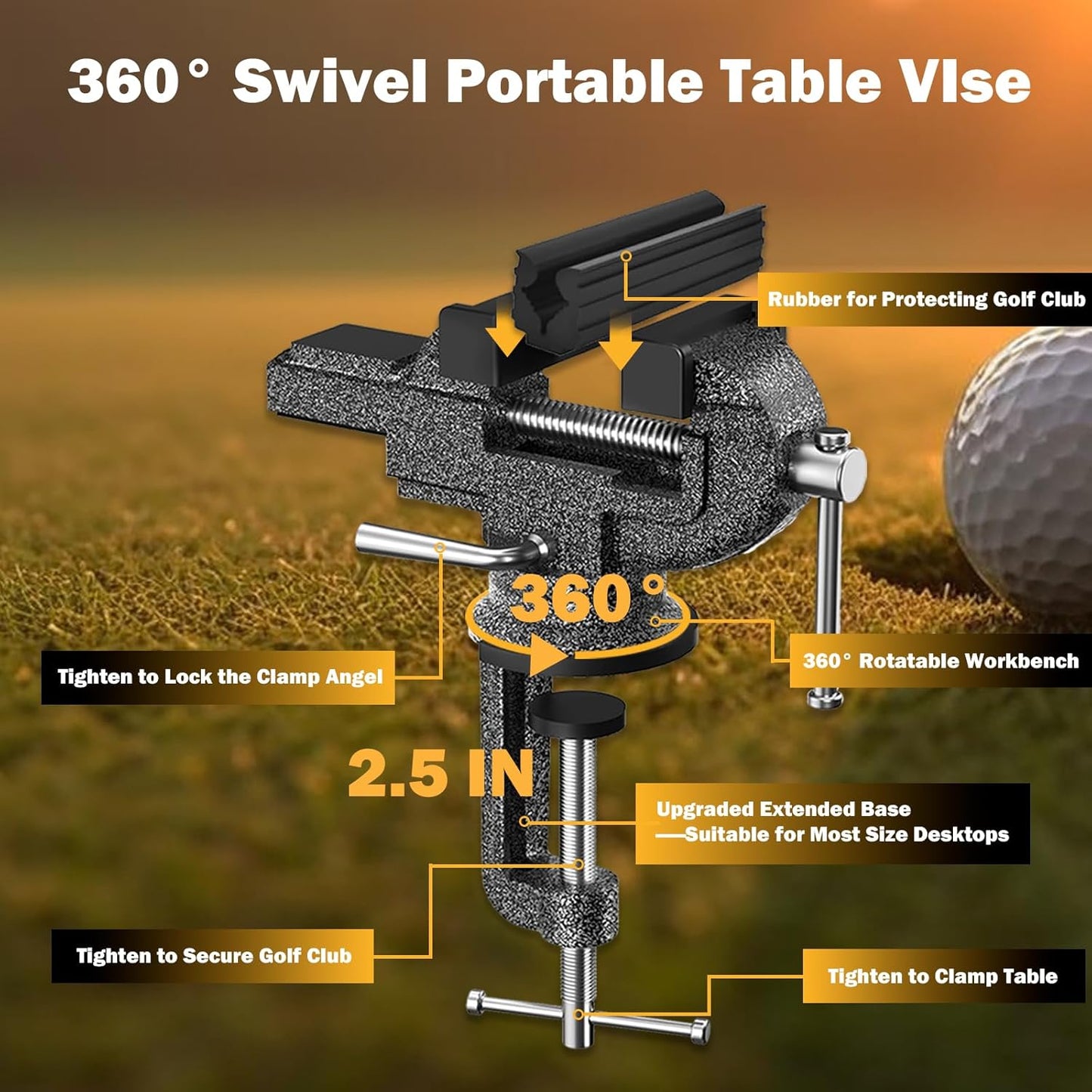 Golf Club Grip Vise Clamp Kit, 360° Swivel Portable Table Vise, Golf Club Calibration Tool, Club Grip Replacement Tool, Suitable for Golf Club Grips (with Solvent)