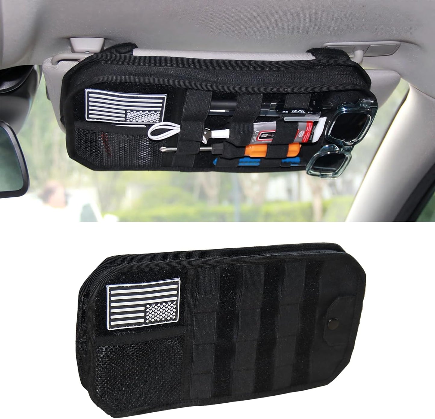 Tactical Sun Visor Organizer for Cars,Police Gear Truck Accessories with Zippered Storage Pouch, MOLLE Panel,Sunglasses holder Clip,Pens,Tools, Universal Fit for Trucks SUVs Police Patrol Cars