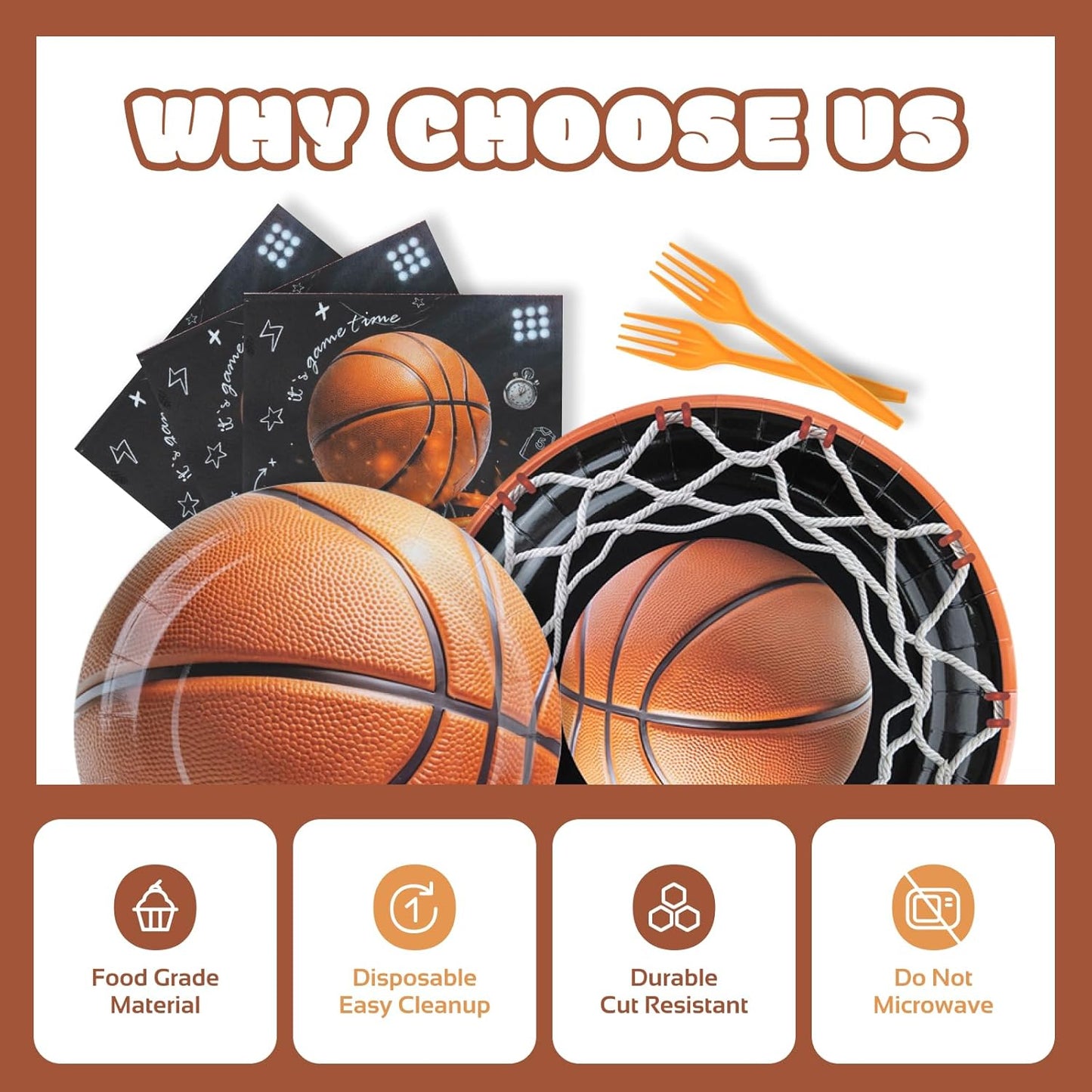 96Pcs Basketball Party Decorations | Serve 24 - Basketball Theme Birthday Party Tableware Set Includes Plates, Forks, Napkins, Supplies for Kids Boys Sport Party Decor