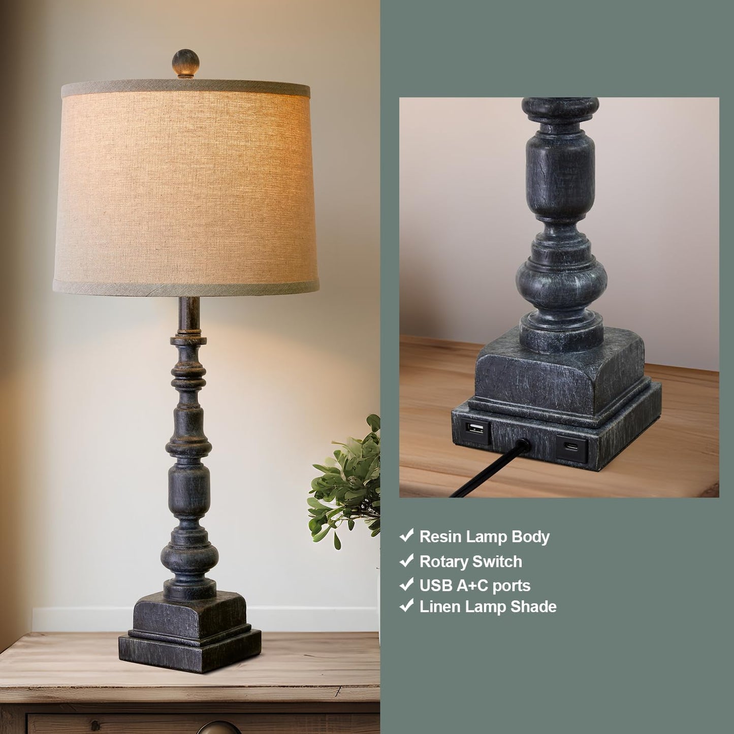 Oneach 27.75” Vintage Farmhouse USB A+C Table Lamps Set of 2 for Living Room Bedroom Traditional Bedside Nightstand Lamp Retro Resin Lamps Linen Shade Nightstand Home Office Antique Black Accent