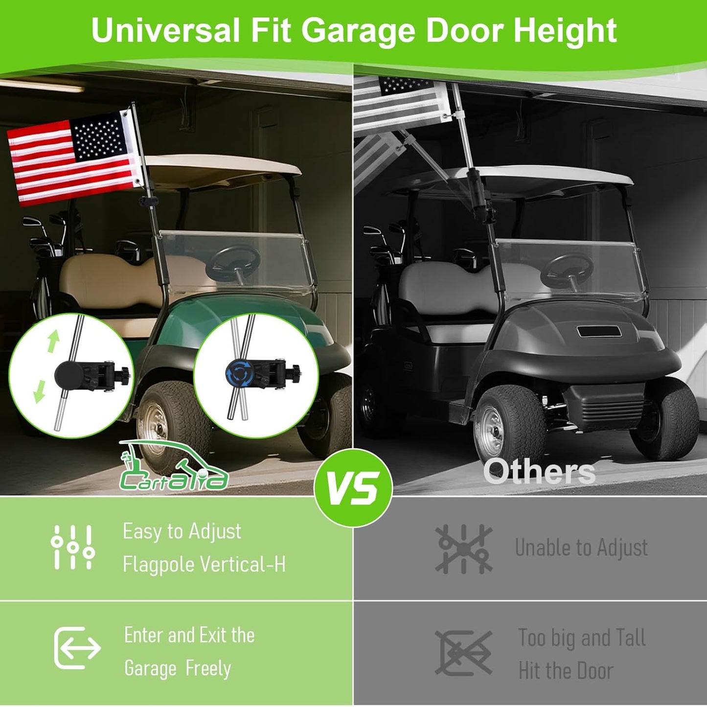 Golf Cart Adjustable Flag Holder, Universal Flagpole for EZGO Club Car Yamaha, Flag Bracket for 0.59-1.18" Round/Oval Square Rails Push Cart, UTV, ATV, Included USA Flags (12"×18")