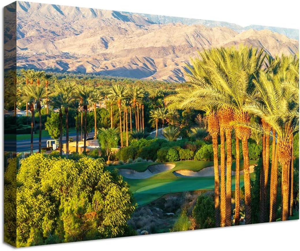 Palm Trees with Golf Course Canvas Wall Art for Living Room Bedroom Bathroom Home Decorations Coachella Valley Mountain Picture Wall Decor Prints Modern Framed Artwork Ready to Hang(12''H x 16''W)