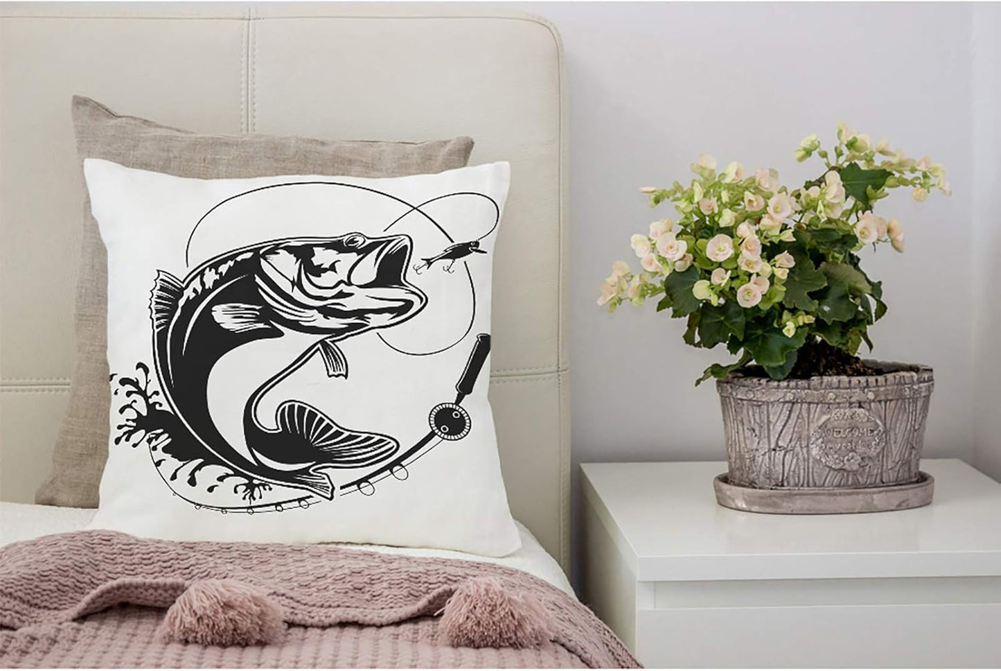 Throw Pillow Covers Black Walleye Fishing Bass Fish Club Emblem White Jump Lure Cotton Linen Decorative Square Pillowcases Cushion Cover 18 X 18 Inch