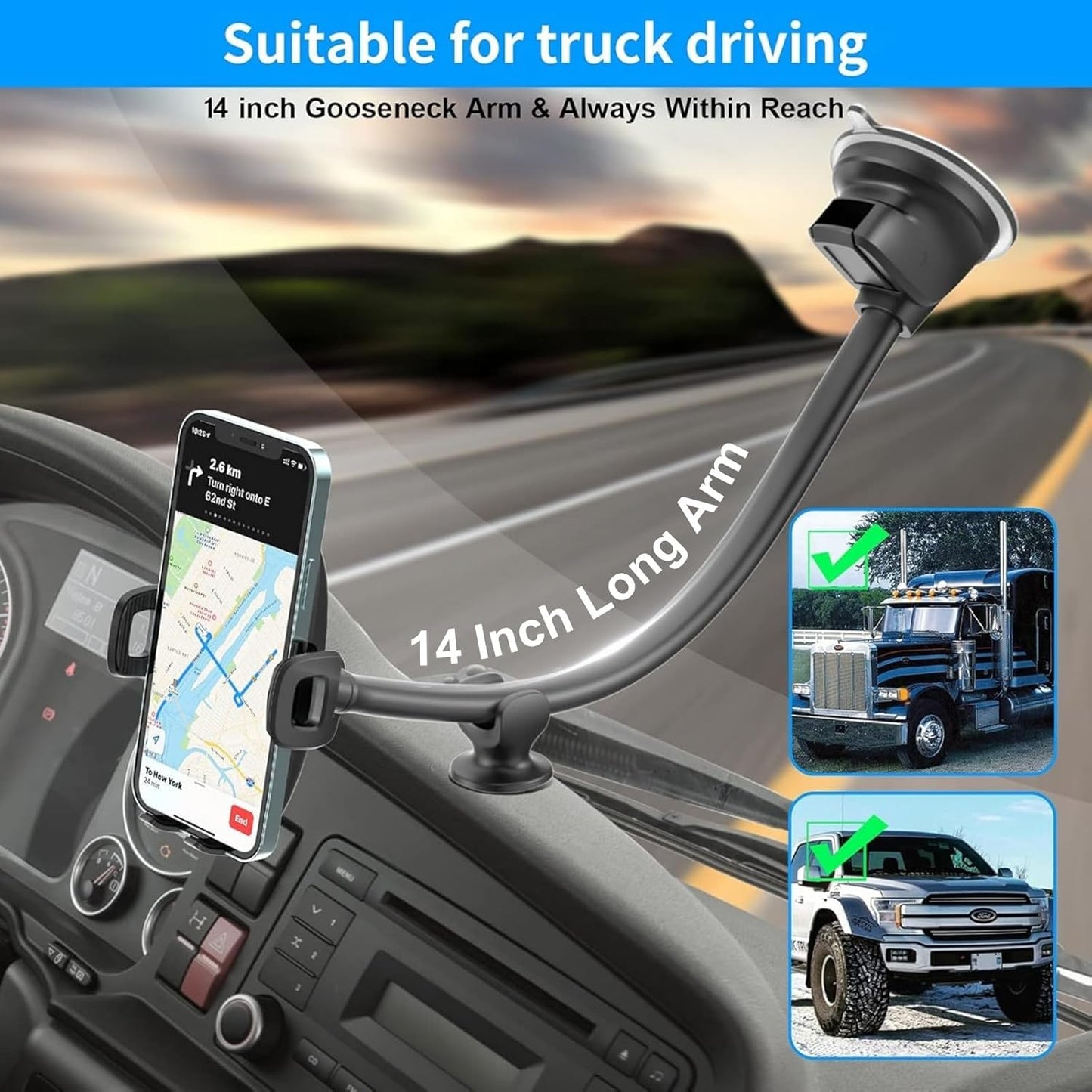 APPS2Car 14'' Gooseneck Car Phone Holder,Heavy Duty Phone Holder for Truck, [Flexibile Long Arm] [Anti shake stabilizer]Windshield Car Phone Mount Suction Cup,Fit For iPhone, Samsung &Other Cellphone