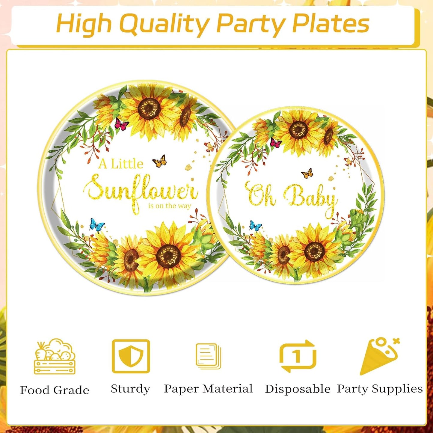 Rakuto Sunflower Baby Shower Decorations Supplies, 96PCS Disposable Paper Party Plates and Napkins Set, A little Sunflower is on the Way Tableware for Party Serves 24
