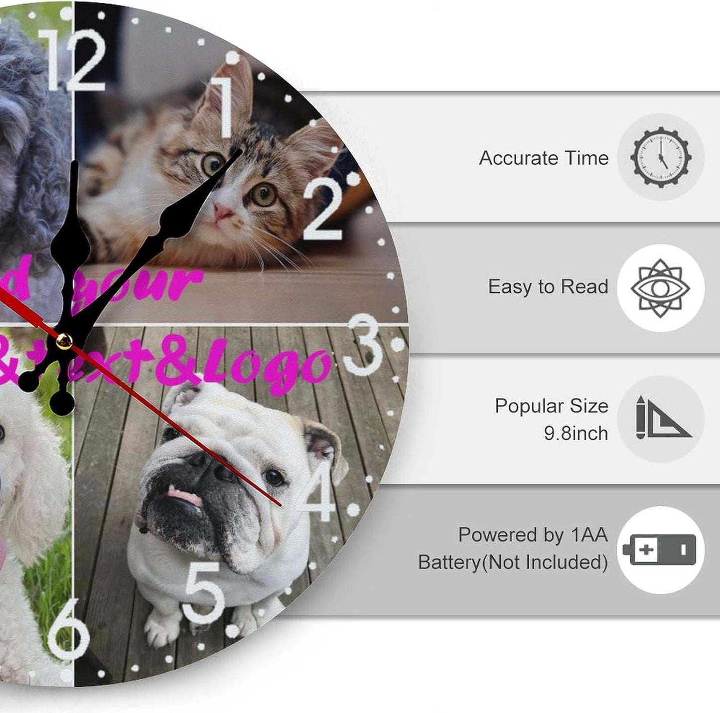 Custom Wall Clock,Personalized Wood Clock add Your Photo/Text,Customizable Silent Round Decoration for Kitchen Bathroom 12inch style4