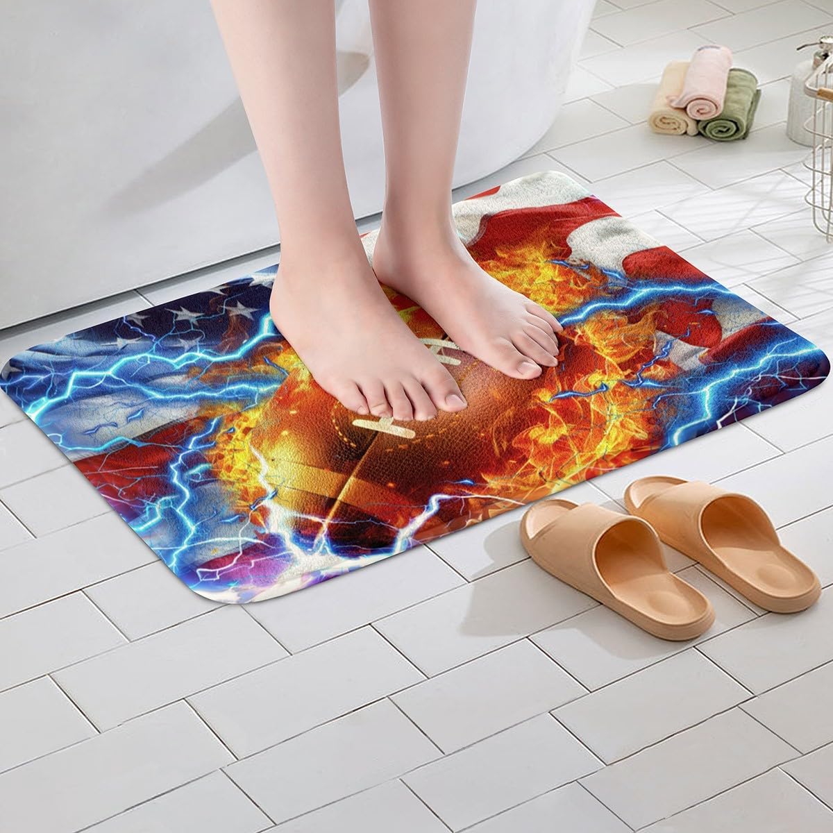 Feelyou 3D Football Polyester Bath Rug American Flag Soft Fleece Door Carpet for Kids Boys Girls Fire Ball Games Sports Non Slip Bath Mat Retro USA Flag Bathroom Floor Indoor Doormat,20x32 Inch