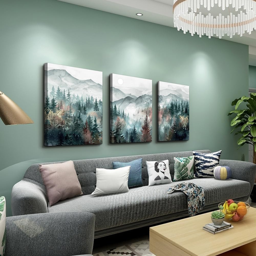 TTHYUEWS Wall Art For Living Room Farmhouse Decor For Bedroom Office Fog Forest Mountain Landscape Watercolour Paintings Artwork Ready To Hang Home Decorations 3 Piece