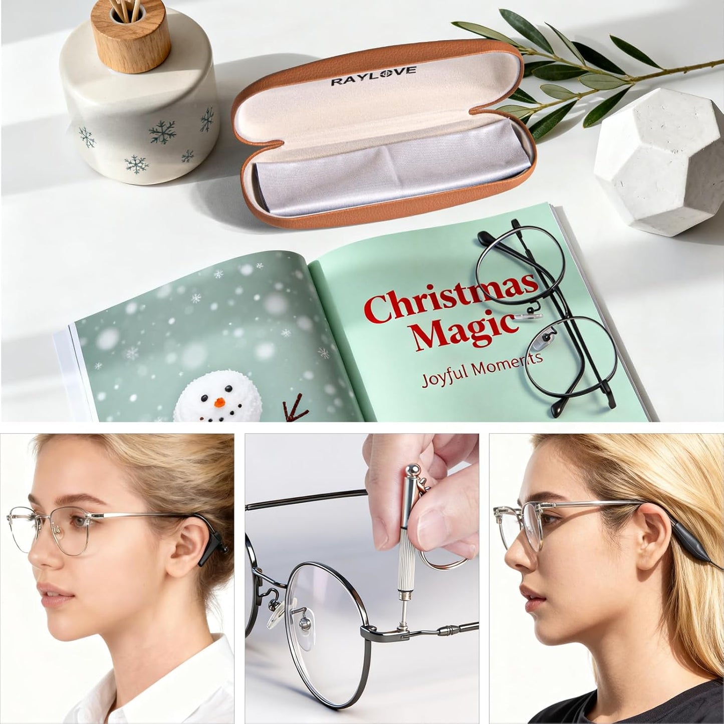 RayLove Glasses Case, Unisex Hard Shell Eyeglass Case, PU Leather Protective Hard Eye Glasses Cases with Eyewear Accessories