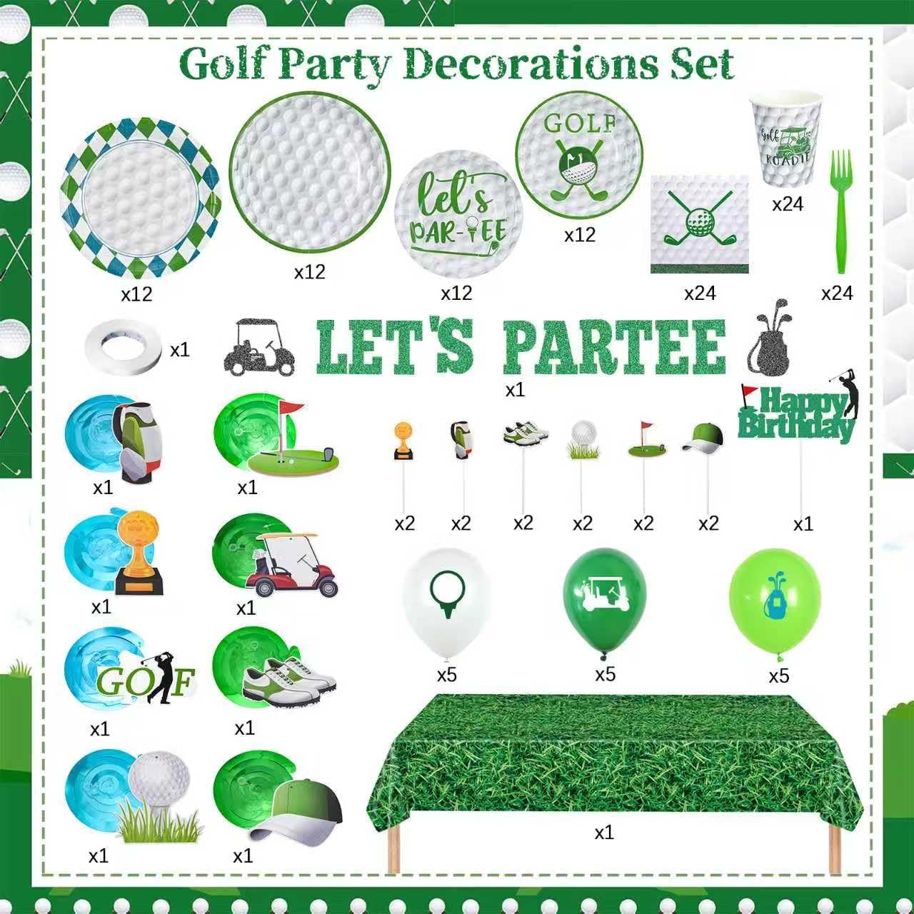 Golf Birthday Party Decorations,158pcs Golf Themed Party Decorations Include Tablecloth,Plate and Napkin,Cup,Fork,Banner,Balloon,Cake Topper,Hanging Swirls, Golf Party Supplies Serve 24