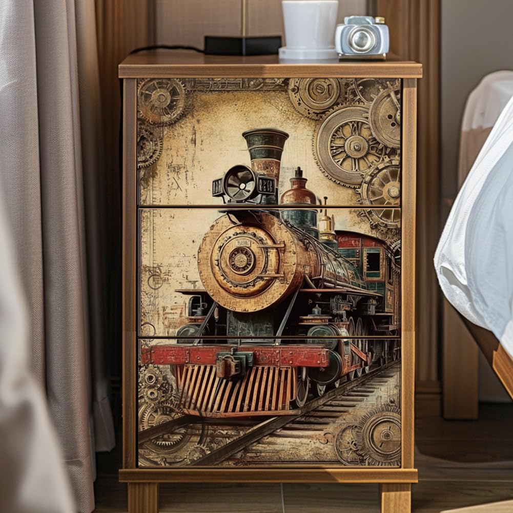 Peacoblue Rub on Transfer Decal Sticker for Furniture Craft Decor 6"x12" Vintage Steampunk Train, 3Pcs Waterproof UV DTF Transfer for Drawer Dresser Glass Porcelain Wood Plastic Window
