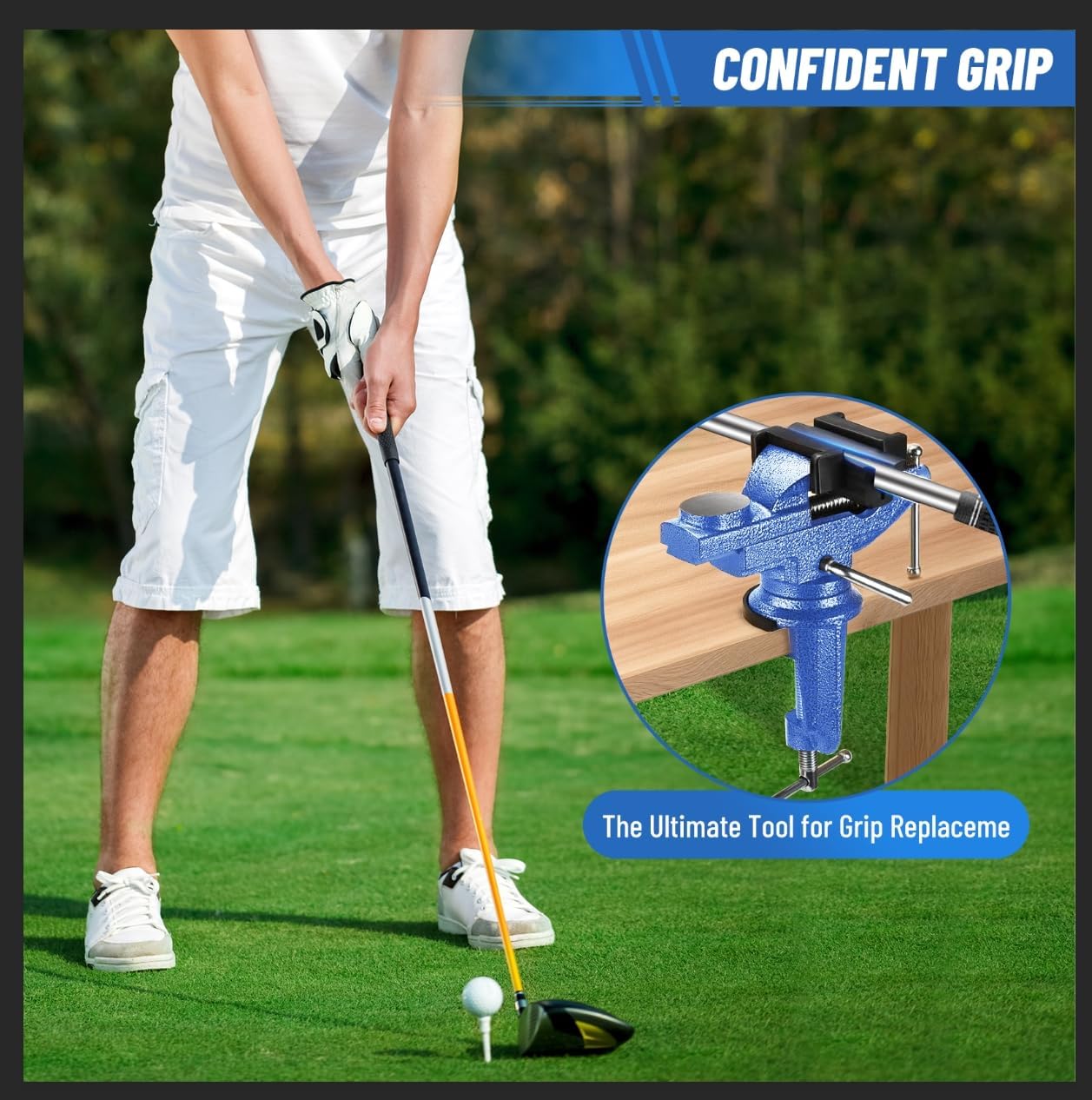 Golf Club Vise for Regripping – Portable Golf Club Regripping Kit, Golf Grip Kit with Rubber Clamp, Tapes, Hook Knife, Gloves & Storage Case