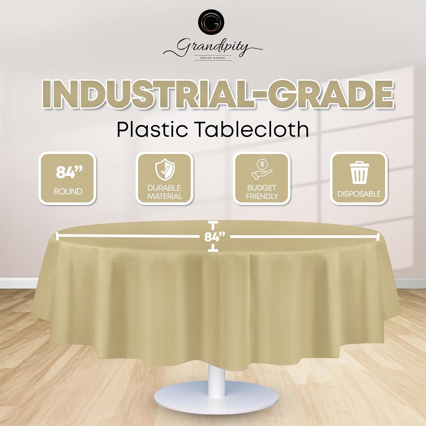 Grandipity 12 Pack Premium Disposable Plastic Tablecloth 84" Inch Decorative Round Table Cover - Beige