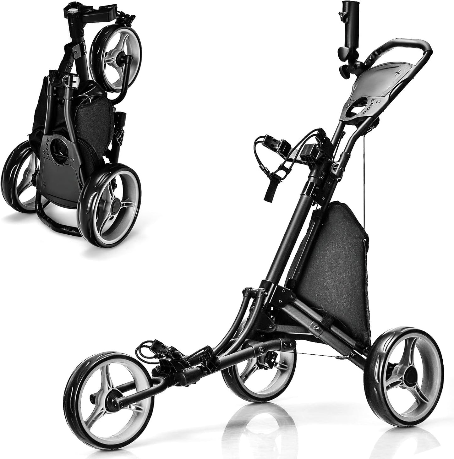ULTIMATE 3 Wheel Golf Push Cart, Aluminum Folding Golf Walking Push Cart w/Elastic Strap, Umbrella & Cup Holder, Scoreboard Storage, Insulated Storage Bag, Adjustable Handle & Foot Brake