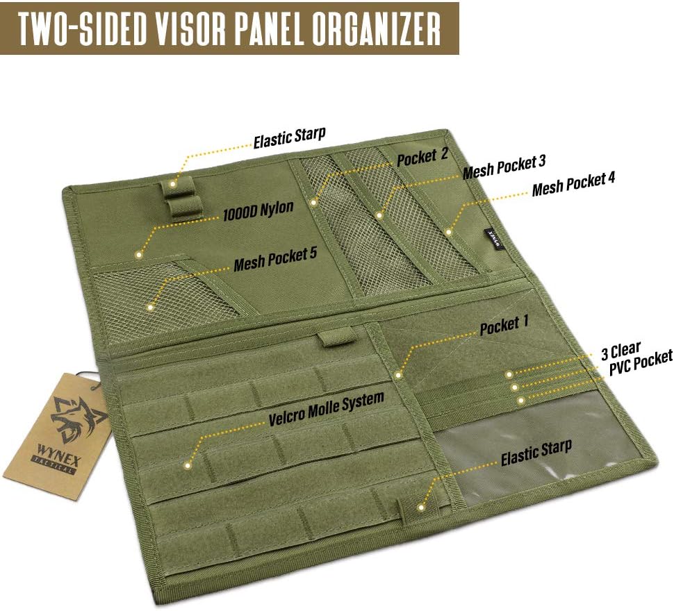 WYNEX Tactical Car Visor Organizer with Double-Sided MOLLE Panel, Universal Vehicle Sun Visor Storage for Essentials & Gear, Compatible with Cars, Pickup Trucks, Vans, SUVs