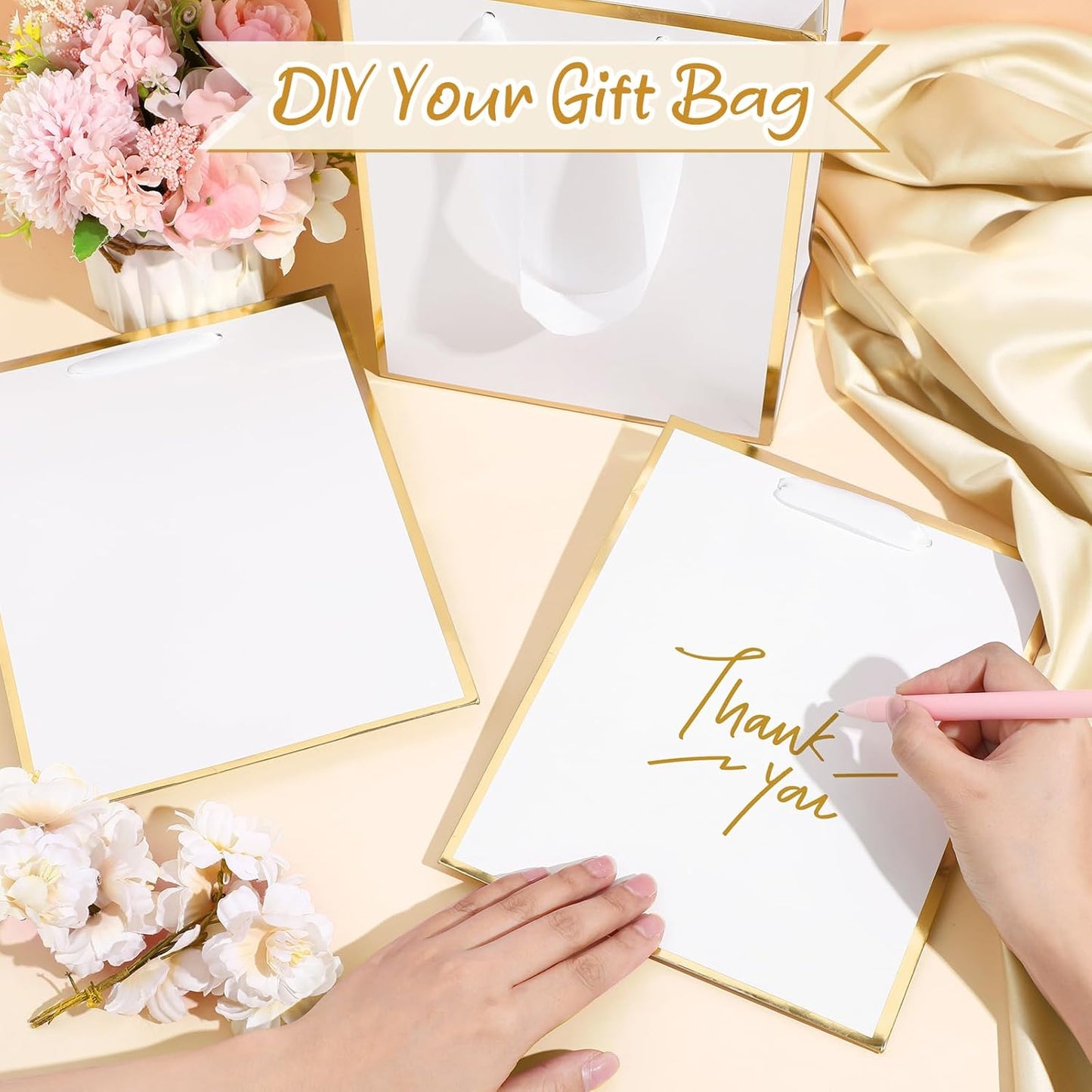 Yeaqee 24 Pack Metallic Paper Gift Bags with Handle and Tissue 9x7x3.1 Gold Foil Welcome Favor Bags Return Gifts for Wedding Fall 5 Senses Christmas Bridesmaid Birthday(White Gold)