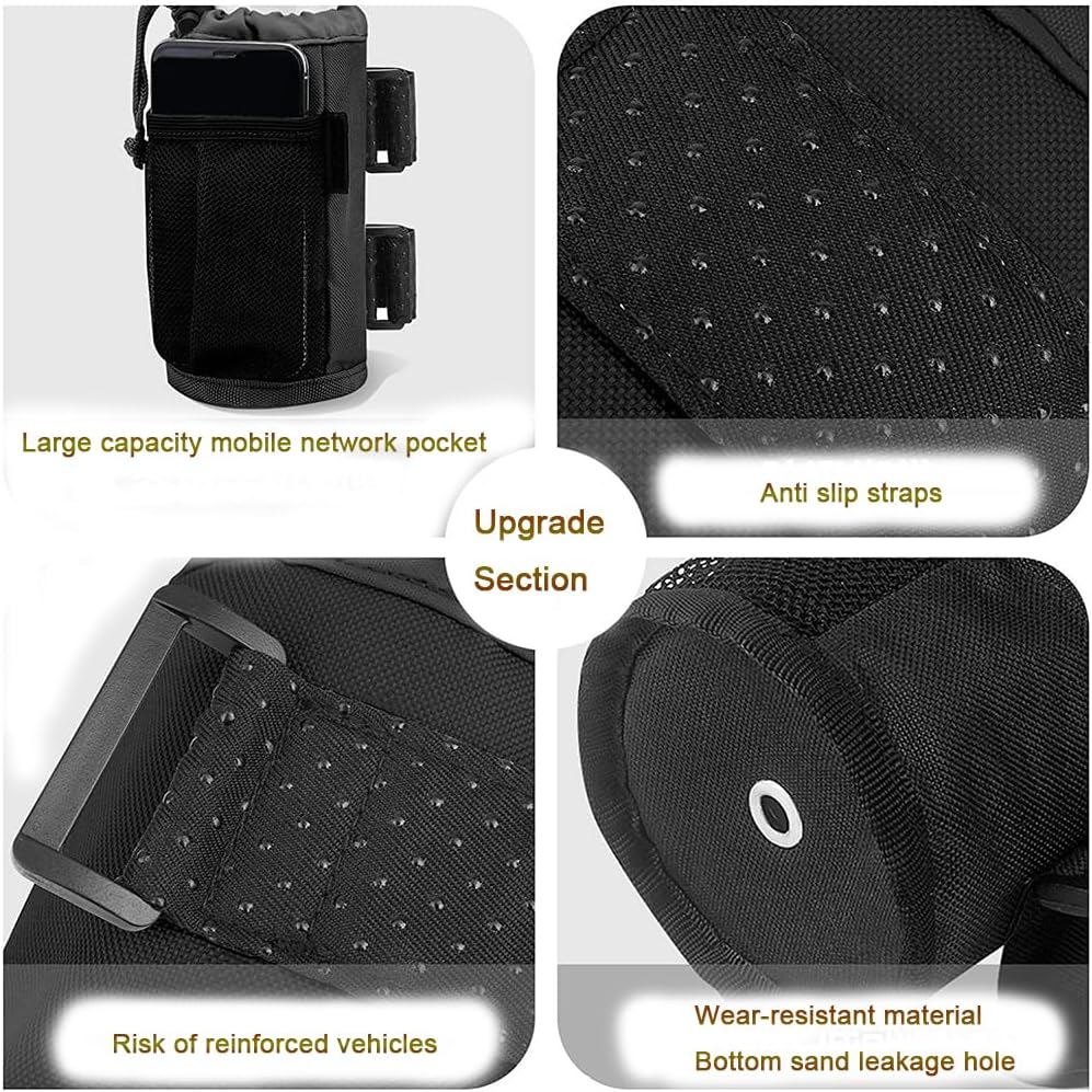 Cup Holder for Bike,Scooter and Wheelchair,Water Bottle Holder for Walker,Golf Cart and Beach,Universal Drink Holder Accessories with Net Pocket and Cord Lock (1 Piece,Black)