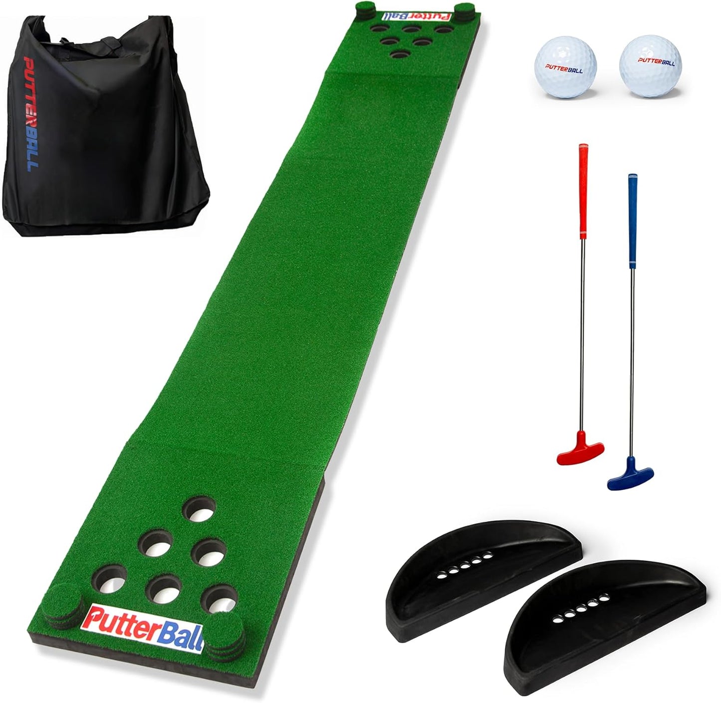 PutterBall Original Golf Putting Game Set – Backyard 12 ft Putting Green Pong Style Golf Mat with 2 Putters, 2 Balls & Hole Covers (PutterBall Original)
