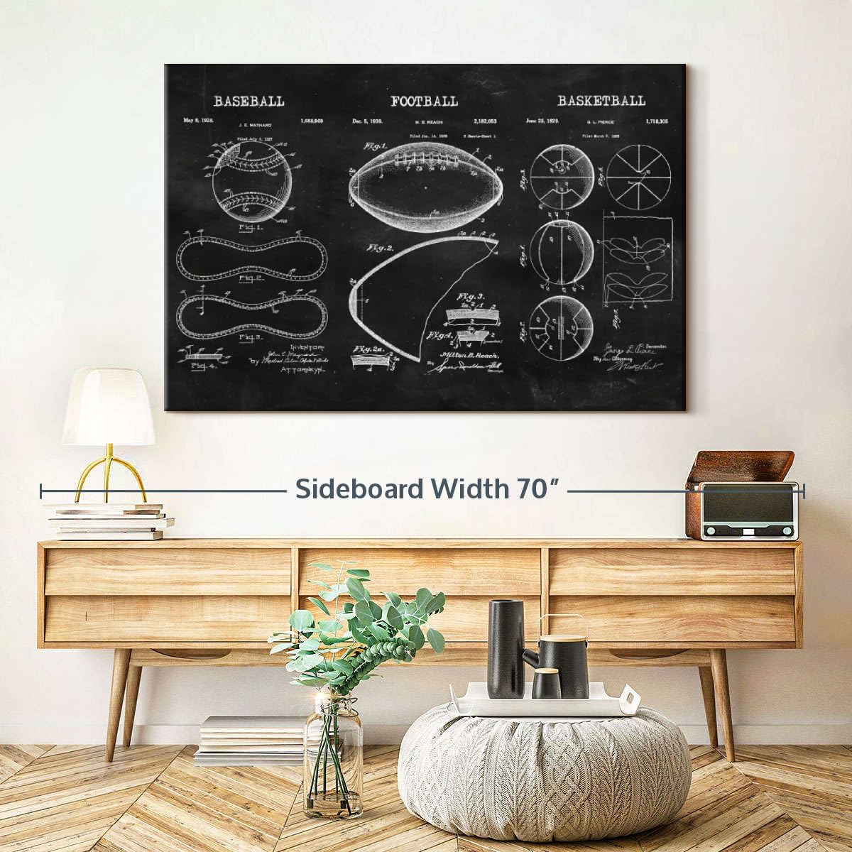 ElephantStock Sports Balls Compilation BW Patent Canvas - 1 Panel Patent Wall Art Decor - Sports Decorations for Boys Room - Wall Art and Office Decor - 51" X 34"