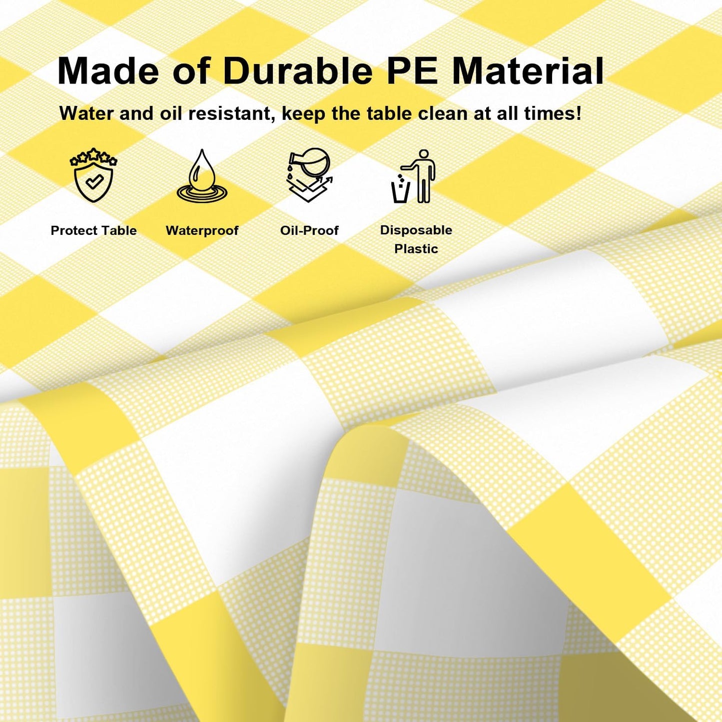 3 Pack Yellow and White Checkered Tablecloth, Round Yellow Gingham Plastic Table Cloths for Parties Disposable, 84x84 in Waterproof Camping Tablecloth for Birthday Party Baby Shower Picnic School