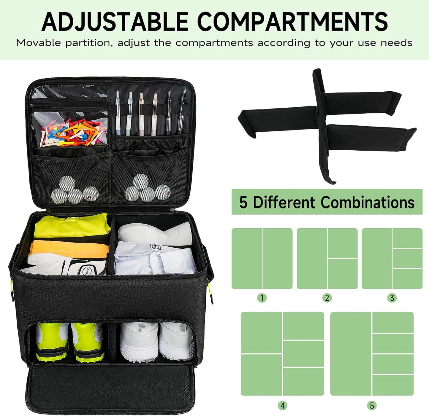Golf Trunk Organizer, 2 Layers Golf Accessories Bag for Men, Waterproof Car Golf Storage Organizer with Compartment for 2 Pairs of Shoes, Golf Gifts for Men Women, Black