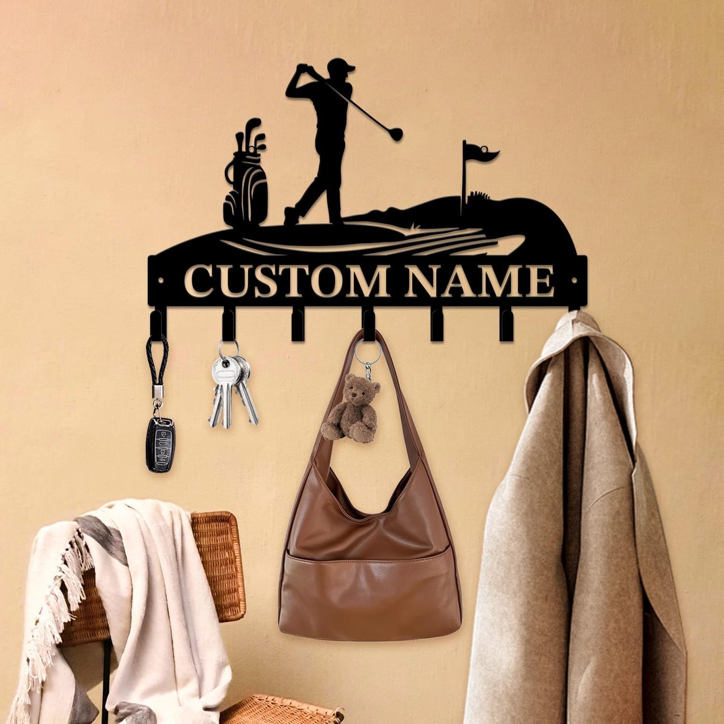Personalized Custom Name Golf Ball Wall Keys Hooks,Metal Golf Art Clothes Hooks,Metal Golf Lover Wall Home Storage Decorative,For Front Door, Hallway, Kitchen, Bedroom,Keys,Hats (Style E)
