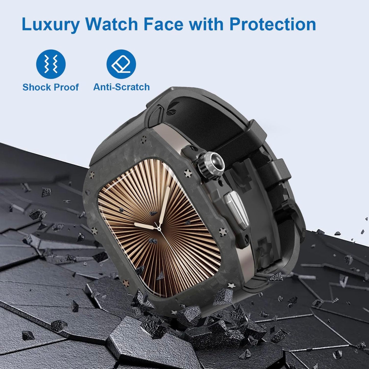 Luxury Carbon Fiber Case with FKM Band Compatible for Apple Watch 11/10 46mm, Rugged Military Protective Cover Heavy Duty Tactical Protection for Men iWatch