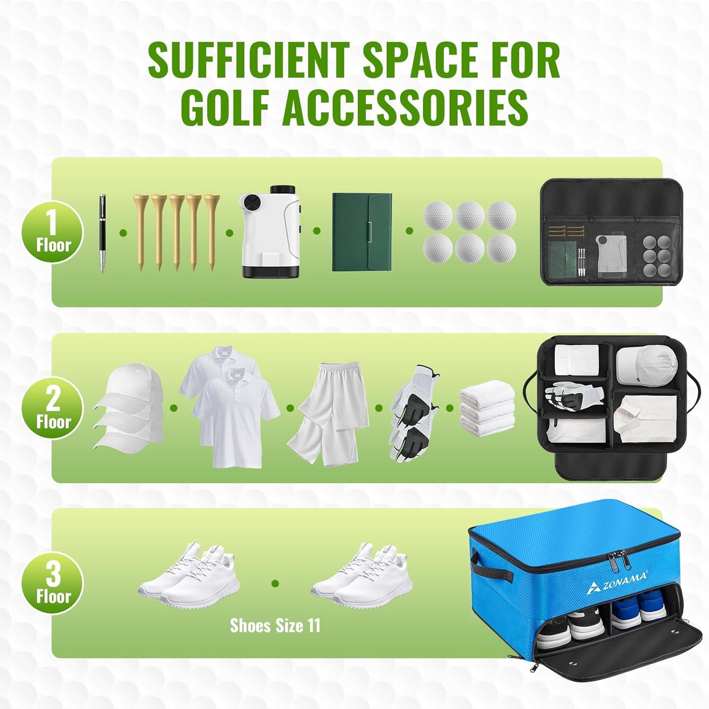 Golf Trunk Organizer, 3 Layers Large Space Car Trunk Locker, with Separate Compartment, Waterproof Golf Accessories Bag for 2 Pairs of Golf Shoes, Balls, Clothes, Golf Gift for Men Women