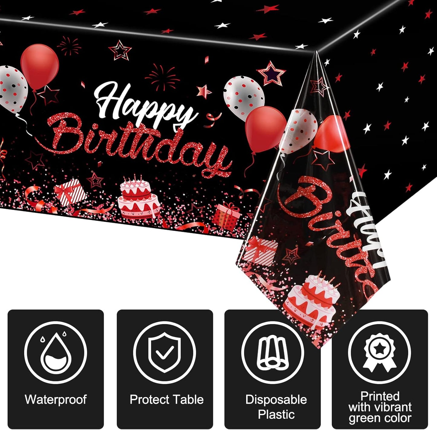 Breling 3 Pack Birthday Party Supplies Confetti Sprinkles Happy Birthday Tablecloths Starry Table Covers for Kids Adults Party Decorations, 54 x 108 Inches (Red and Black)