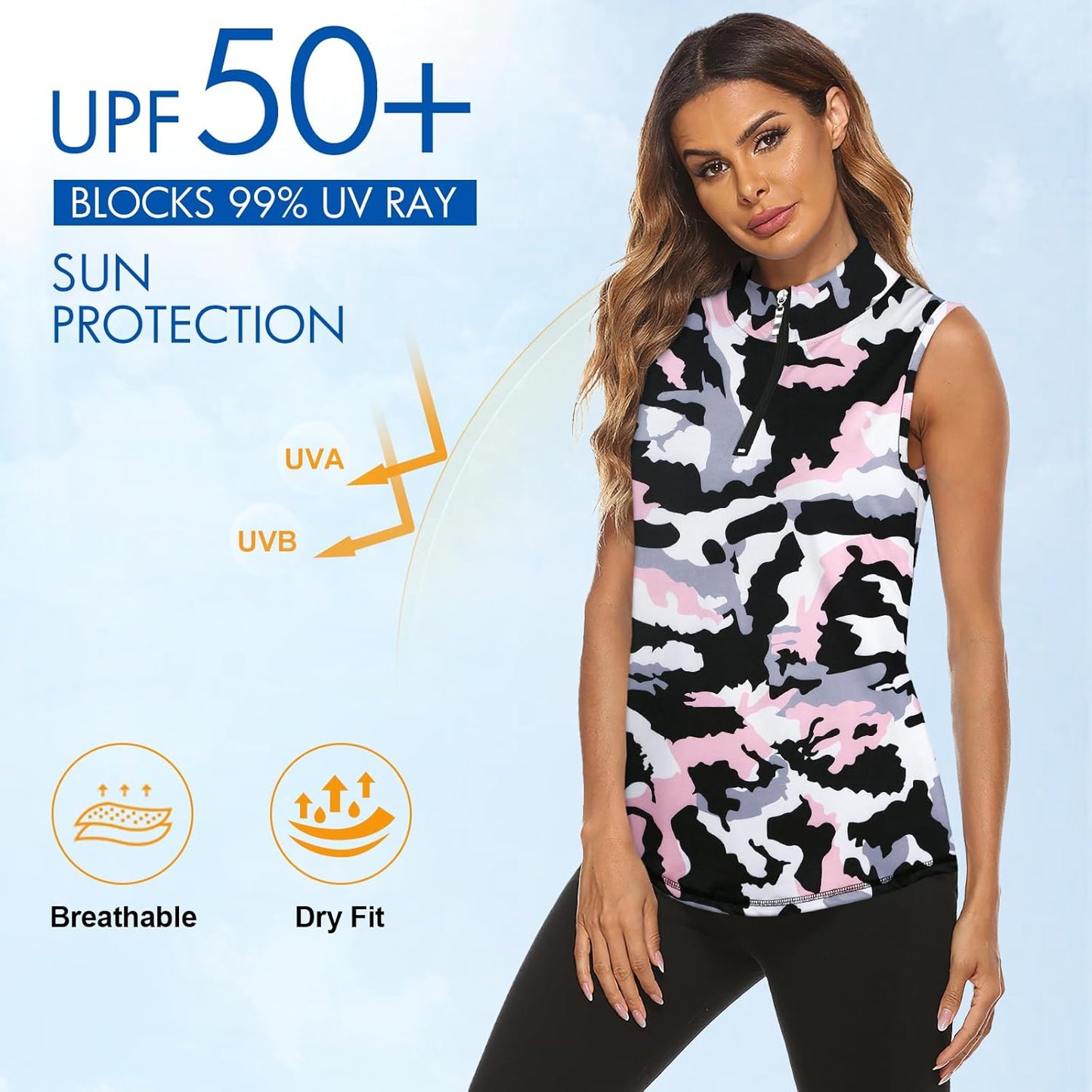 Koscacy Women's Sleeveless Golf Tennis Polo Shirts Zip Up Dry Fit Workout Tank Tops Athletic Shirt