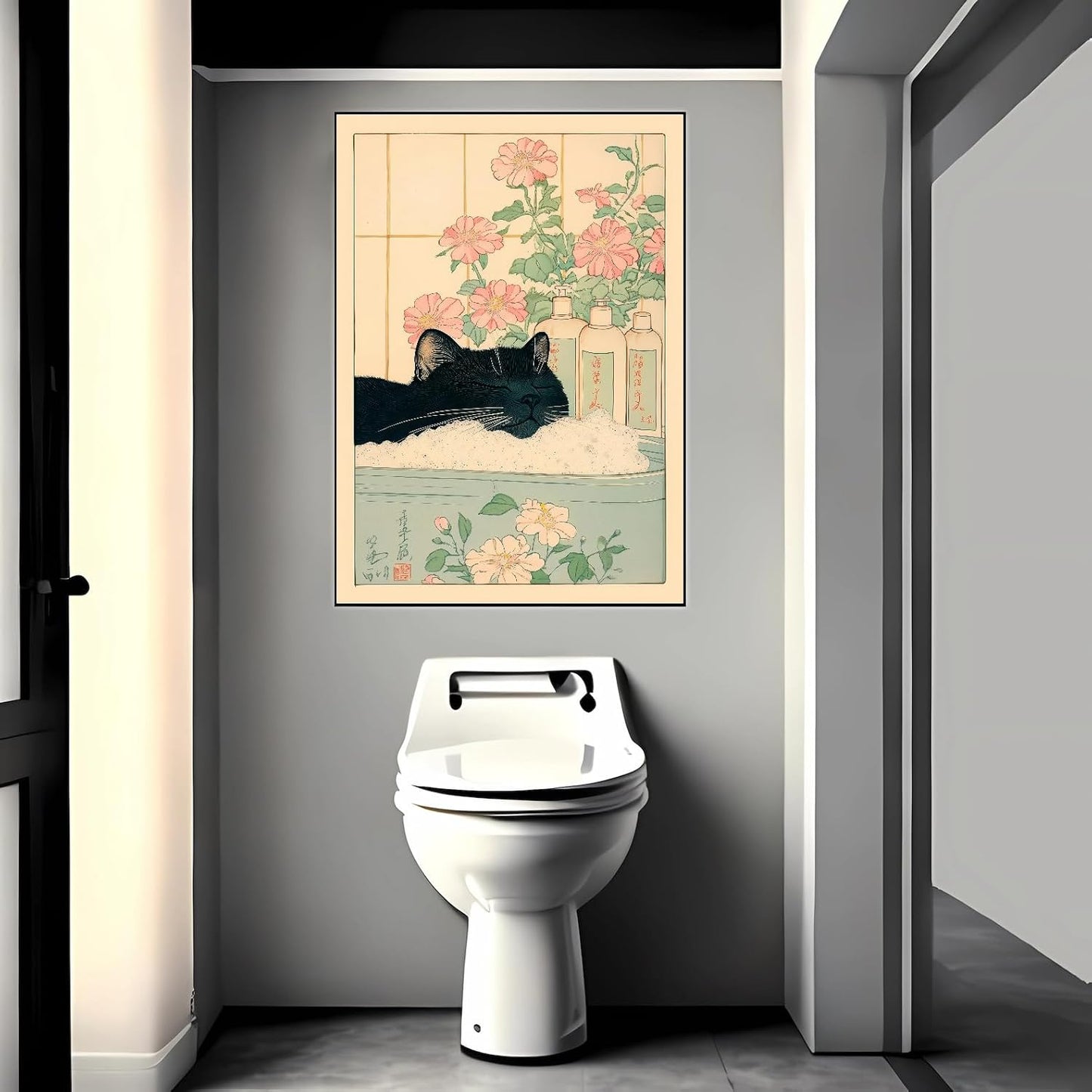 Vintage Black Cat in The Bathtub Posters Funny Bathroom Wall Art Cute Animal Lover Canvas Prints Japanese Aesthetic Neutral Minimalist Wall Decor for Restroom Toilet 16x24in Framed