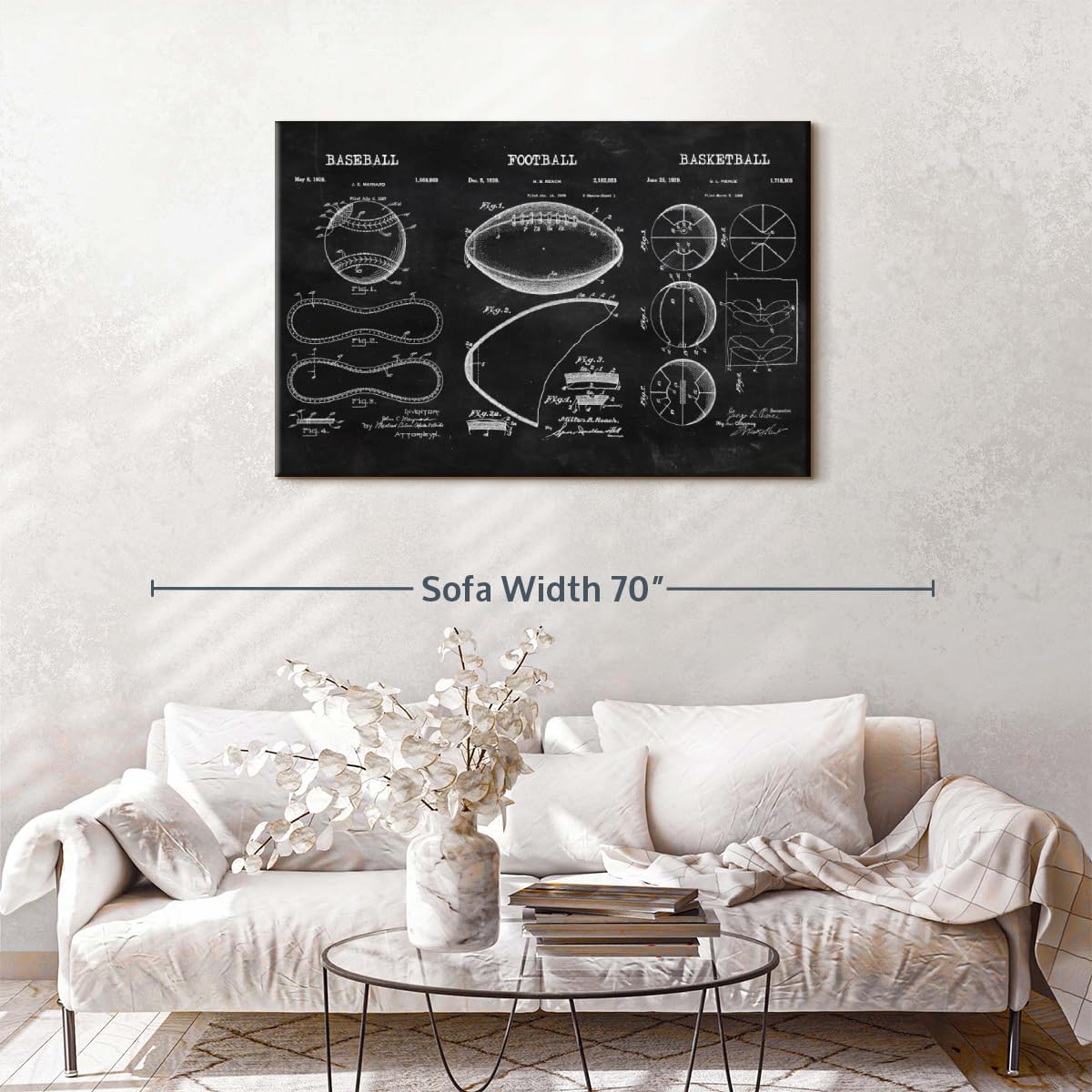 ElephantStock Sports Balls Compilation BW Patent Canvas - 1 Panel Patent Wall Art Decor - Sports Decorations for Boys Room - Wall Art and Office Decor - 48" X 32"