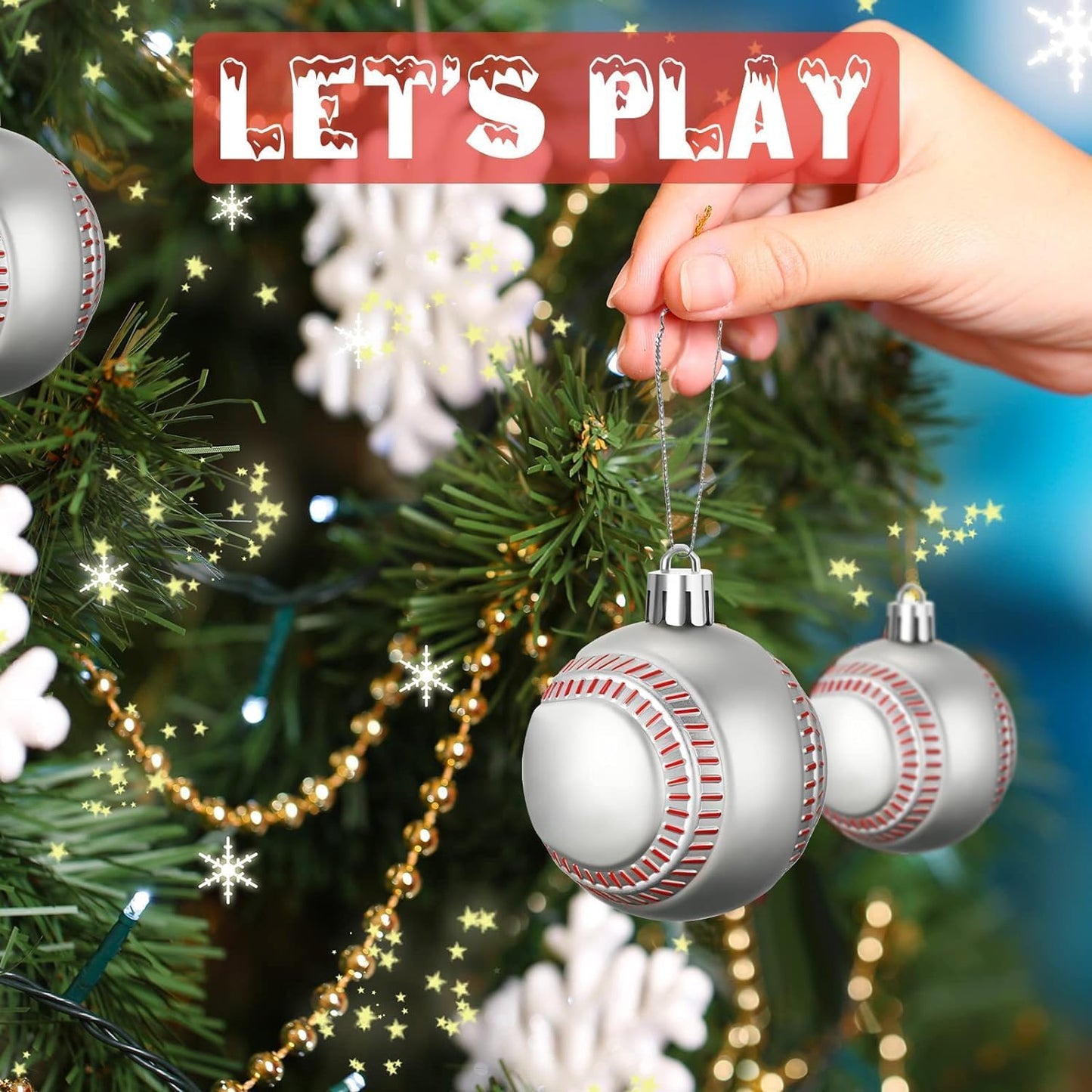 Leitee 12 Pcs Christmas Plastic Baseball 2.36 Inch Xmas Tree Ornaments with Hanging Loop Sports Theme Decorative Hanging Ornaments for Holiday Party Christmas Tree Home