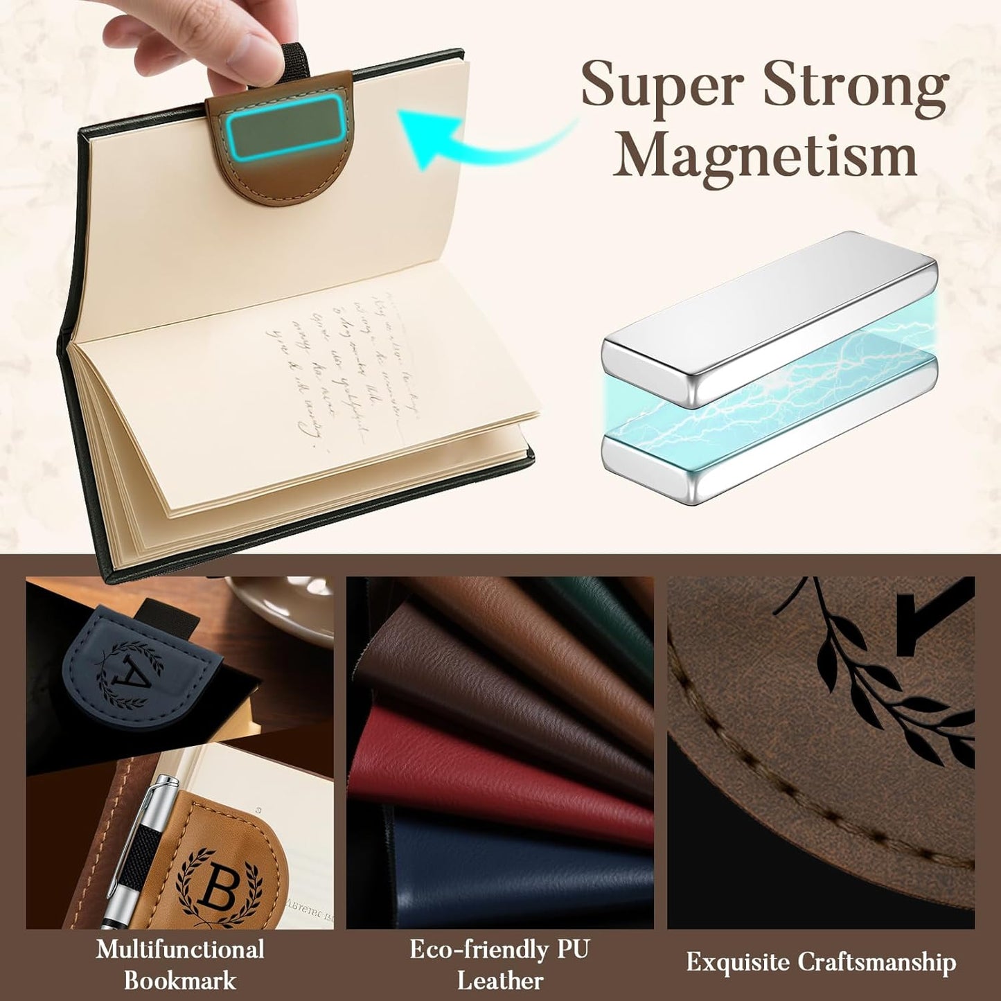 Personalized Bygone Mark Bookmark with Pen Holder,Engraving Leather Magnetic Bookmarks Vintage 26 Letters Name Initials Text Book Marker Clips Gifts for Reading Book Lovers Women (Green, H)