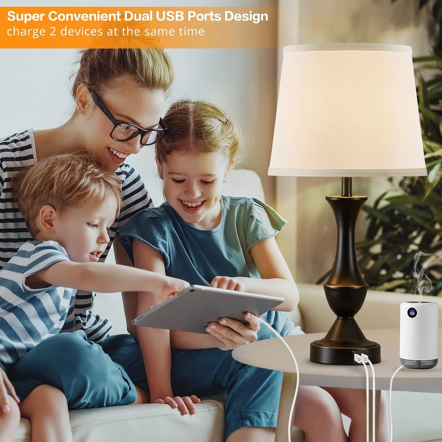 Touch Table Lamps Set of 2, 22" Tall Bedside Lamps with USB C+A Ports, 3-Way Dimmable Nightstand lamps, Table lamp for Bedrooms, Living Room, Office, Black Lamp with White Lampshade, Bulbs Included