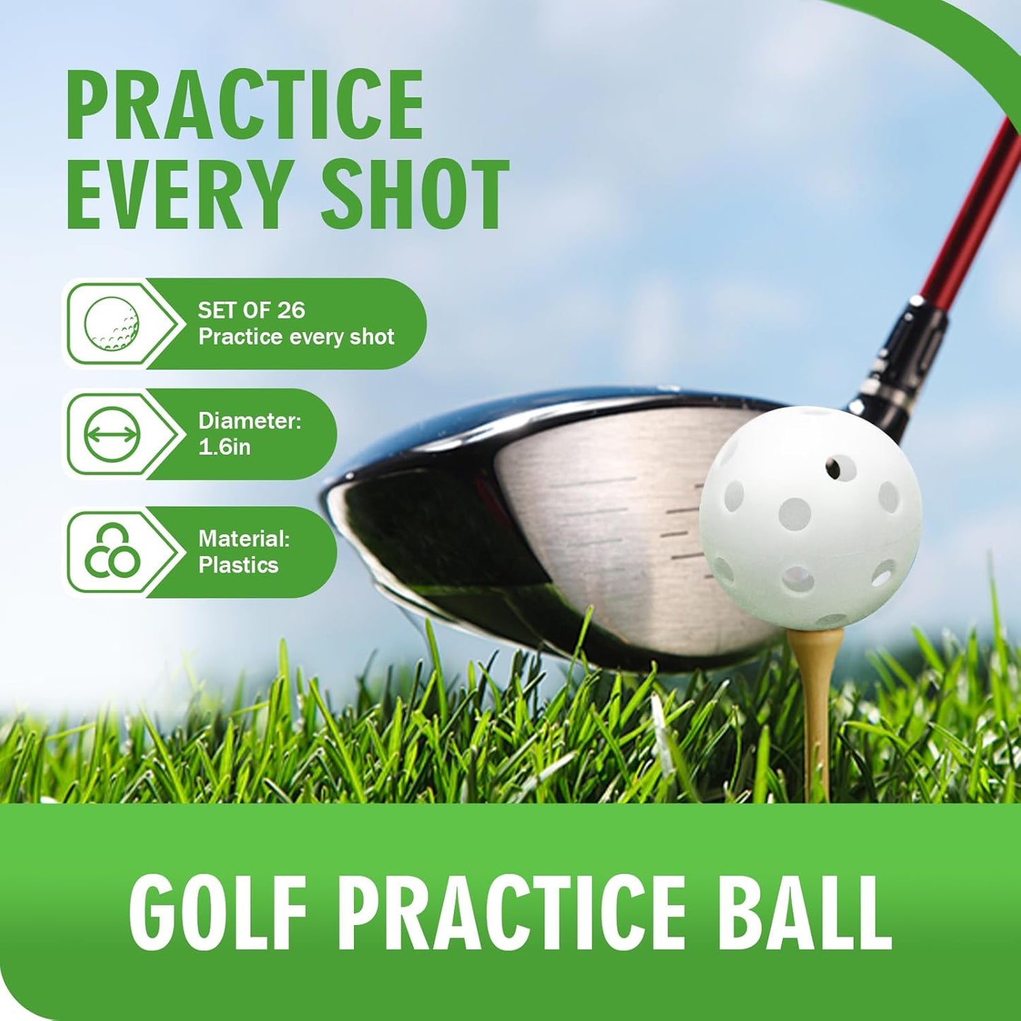 26 Pack Practice Golf Balls, 41mm Hollow Airflow Plastic Golf Balls with Golf Tees, for Indoor Outdoor Driving Range Backyard Swing Practice